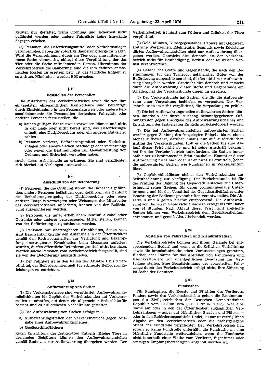 Gesetzblatt (GBl.) der Deutschen Demokratischen Republik (DDR) Teil Ⅰ 1976, Seite 211 (GBl. DDR Ⅰ 1976, S. 211)
