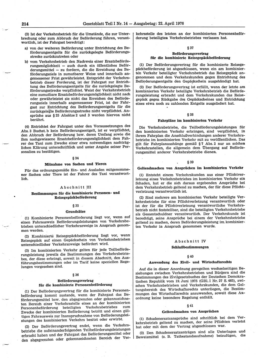 Gesetzblatt (GBl.) der Deutschen Demokratischen Republik (DDR) Teil Ⅰ 1976, Seite 214 (GBl. DDR Ⅰ 1976, S. 214)