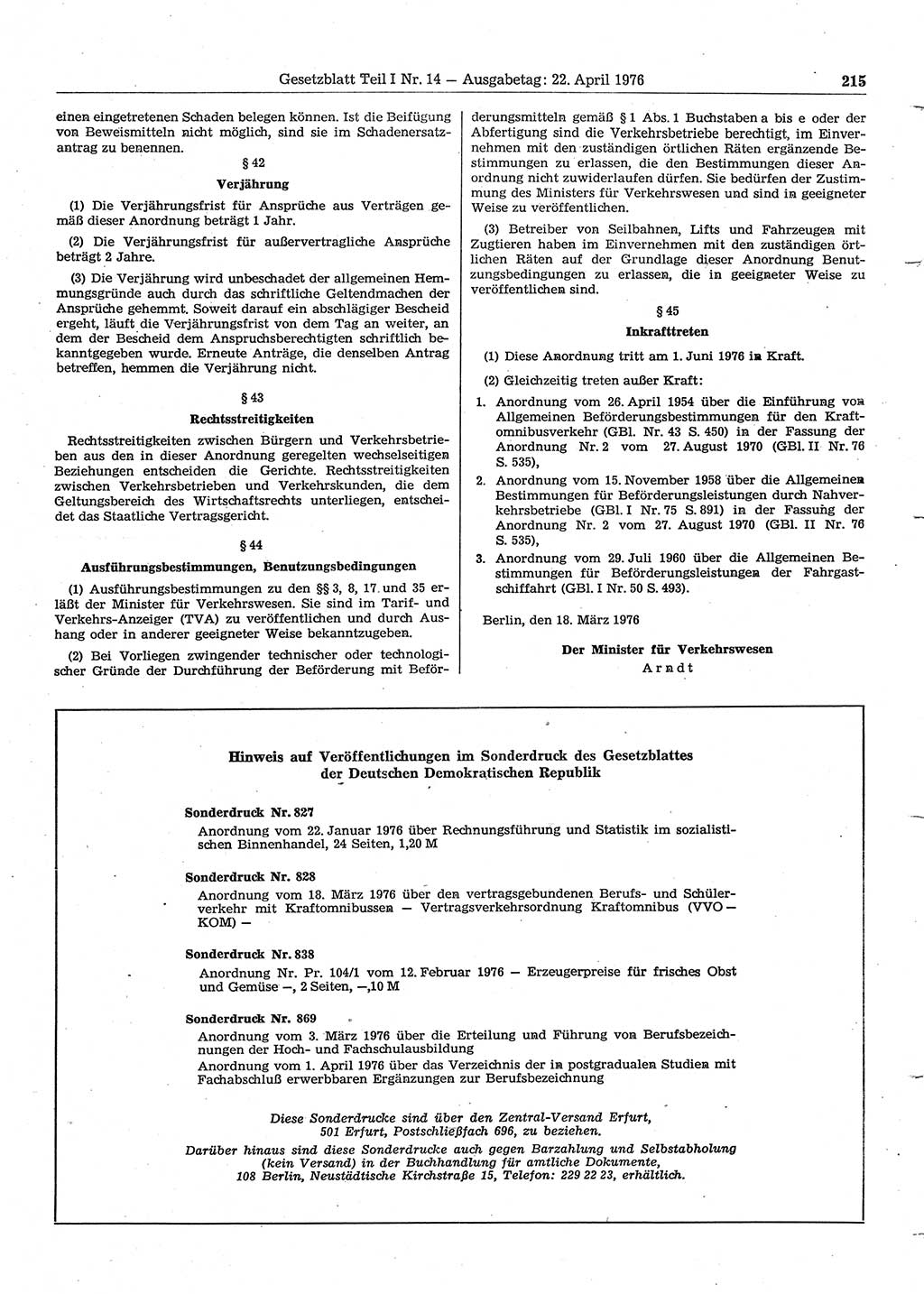 Gesetzblatt (GBl.) der Deutschen Demokratischen Republik (DDR) Teil Ⅰ 1976, Seite 215 (GBl. DDR Ⅰ 1976, S. 215)