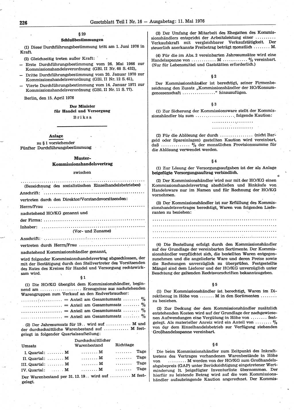 Gesetzblatt (GBl.) der Deutschen Demokratischen Republik (DDR) Teil Ⅰ 1976, Seite 226 (GBl. DDR Ⅰ 1976, S. 226)