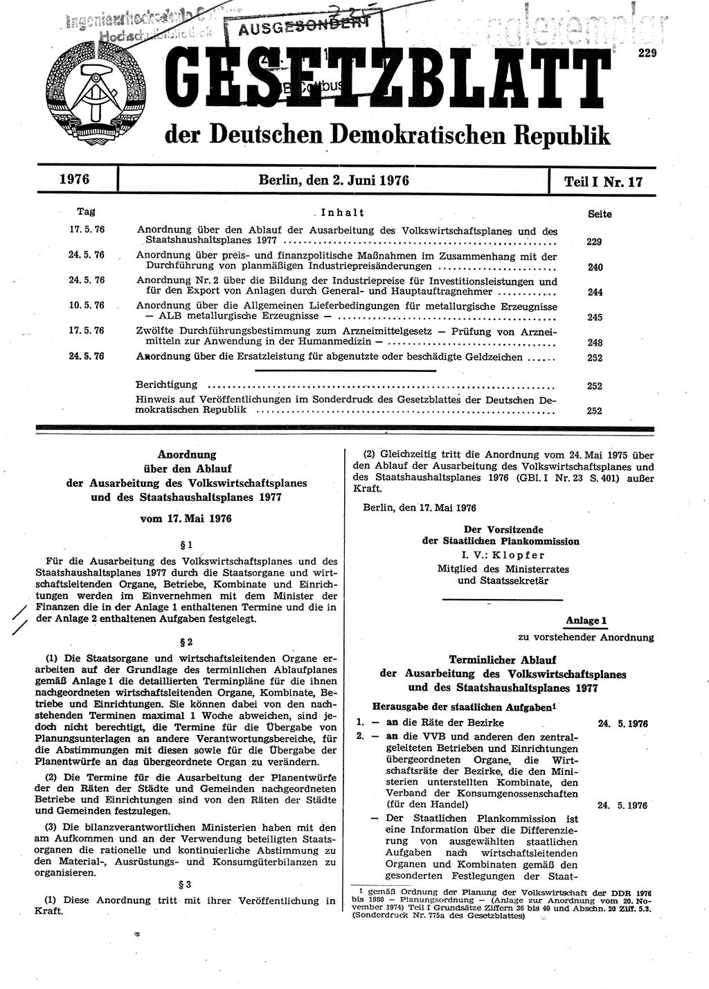 Gesetzblatt (GBl.) der Deutschen Demokratischen Republik (DDR) Teil Ⅰ 1976, Seite 229 (GBl. DDR Ⅰ 1976, S. 229)