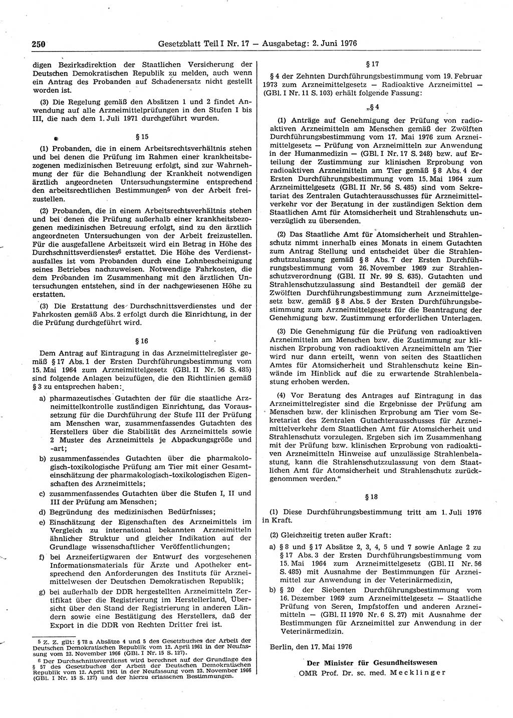 Gesetzblatt (GBl.) der Deutschen Demokratischen Republik (DDR) Teil Ⅰ 1976, Seite 250 (GBl. DDR Ⅰ 1976, S. 250)