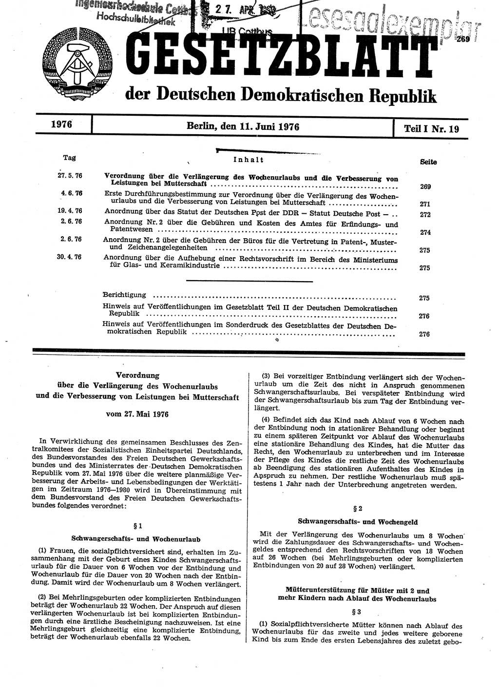 Gesetzblatt (GBl.) der Deutschen Demokratischen Republik (DDR) Teil Ⅰ 1976, Seite 269 (GBl. DDR Ⅰ 1976, S. 269)