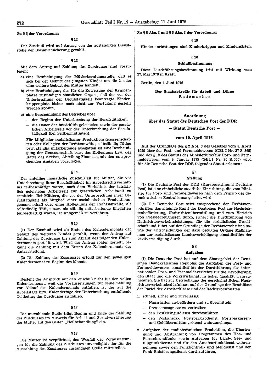 Gesetzblatt (GBl.) der Deutschen Demokratischen Republik (DDR) Teil Ⅰ 1976, Seite 272 (GBl. DDR Ⅰ 1976, S. 272)