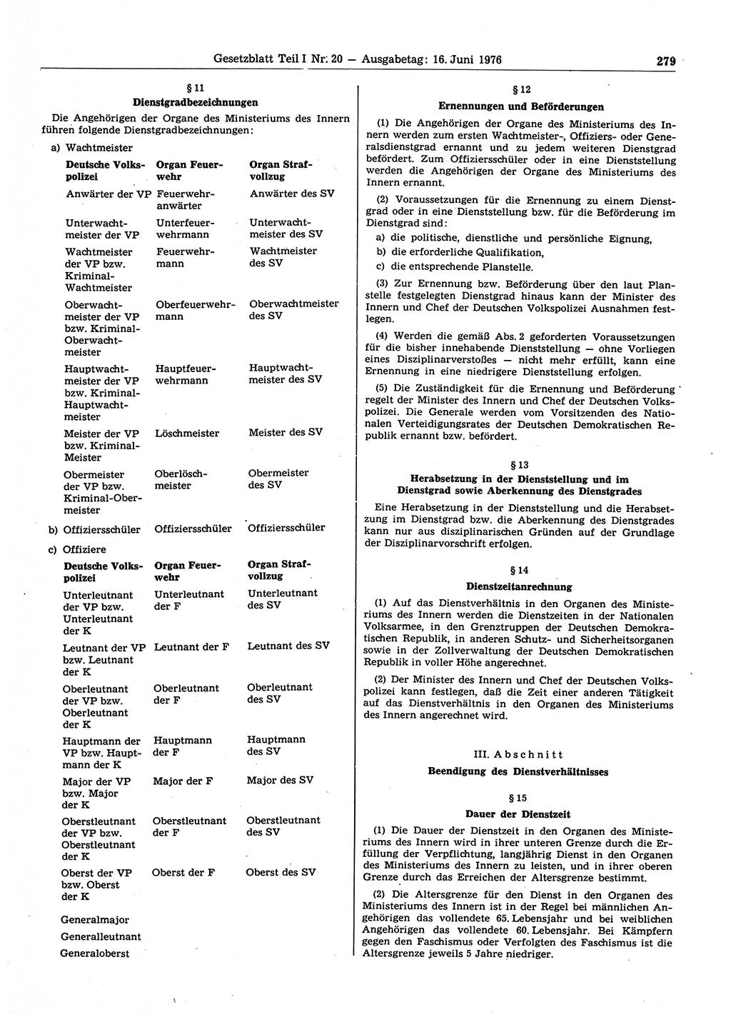 Gesetzblatt (GBl.) der Deutschen Demokratischen Republik (DDR) Teil Ⅰ 1976, Seite 279 (GBl. DDR Ⅰ 1976, S. 279)