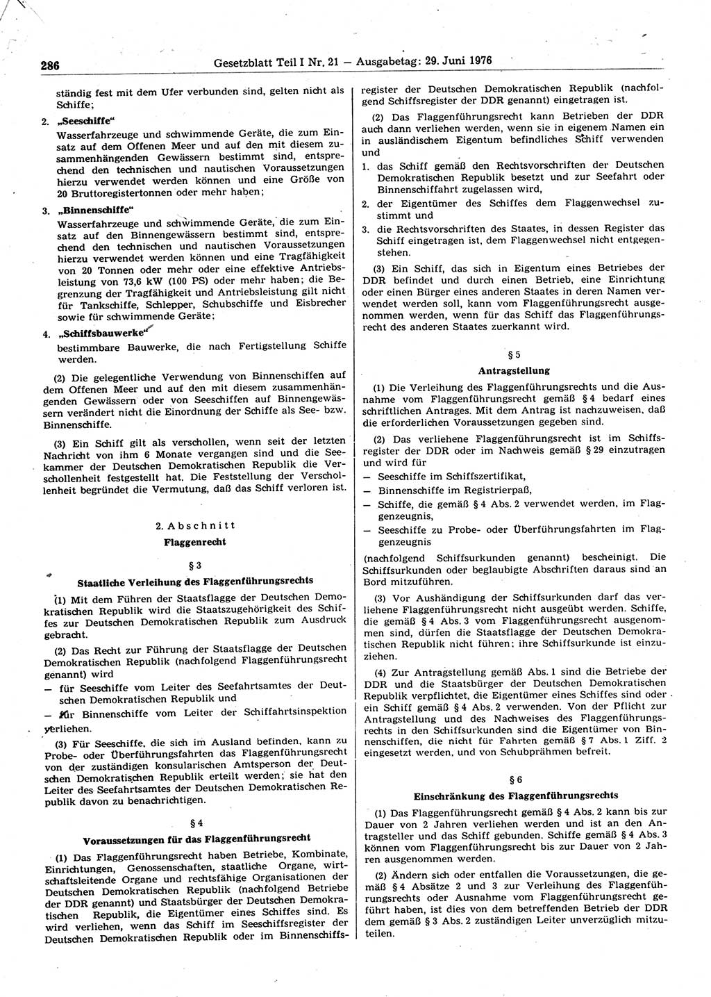 Gesetzblatt (GBl.) der Deutschen Demokratischen Republik (DDR) Teil Ⅰ 1976, Seite 286 (GBl. DDR Ⅰ 1976, S. 286)