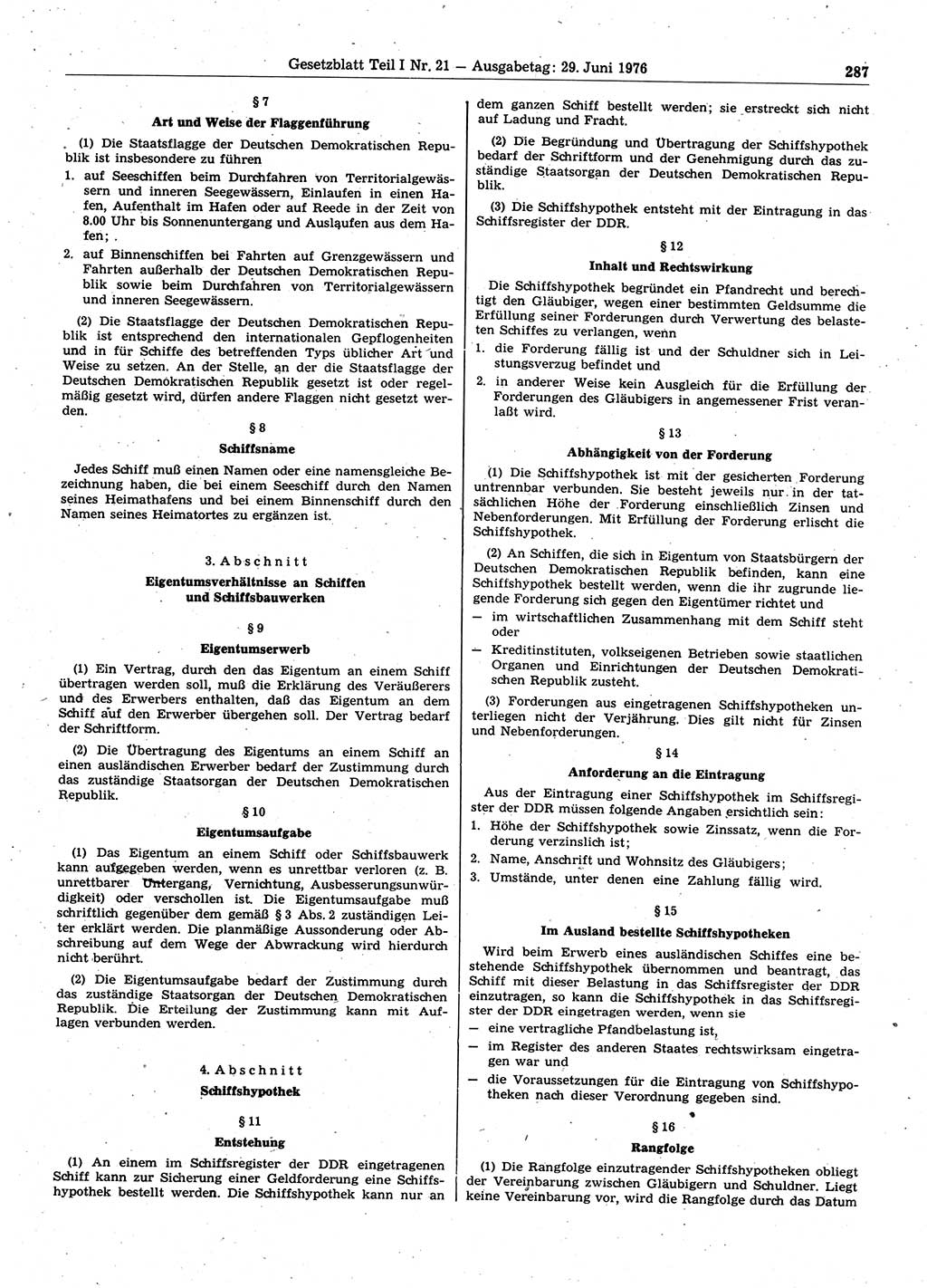 Gesetzblatt (GBl.) der Deutschen Demokratischen Republik (DDR) Teil Ⅰ 1976, Seite 287 (GBl. DDR Ⅰ 1976, S. 287)