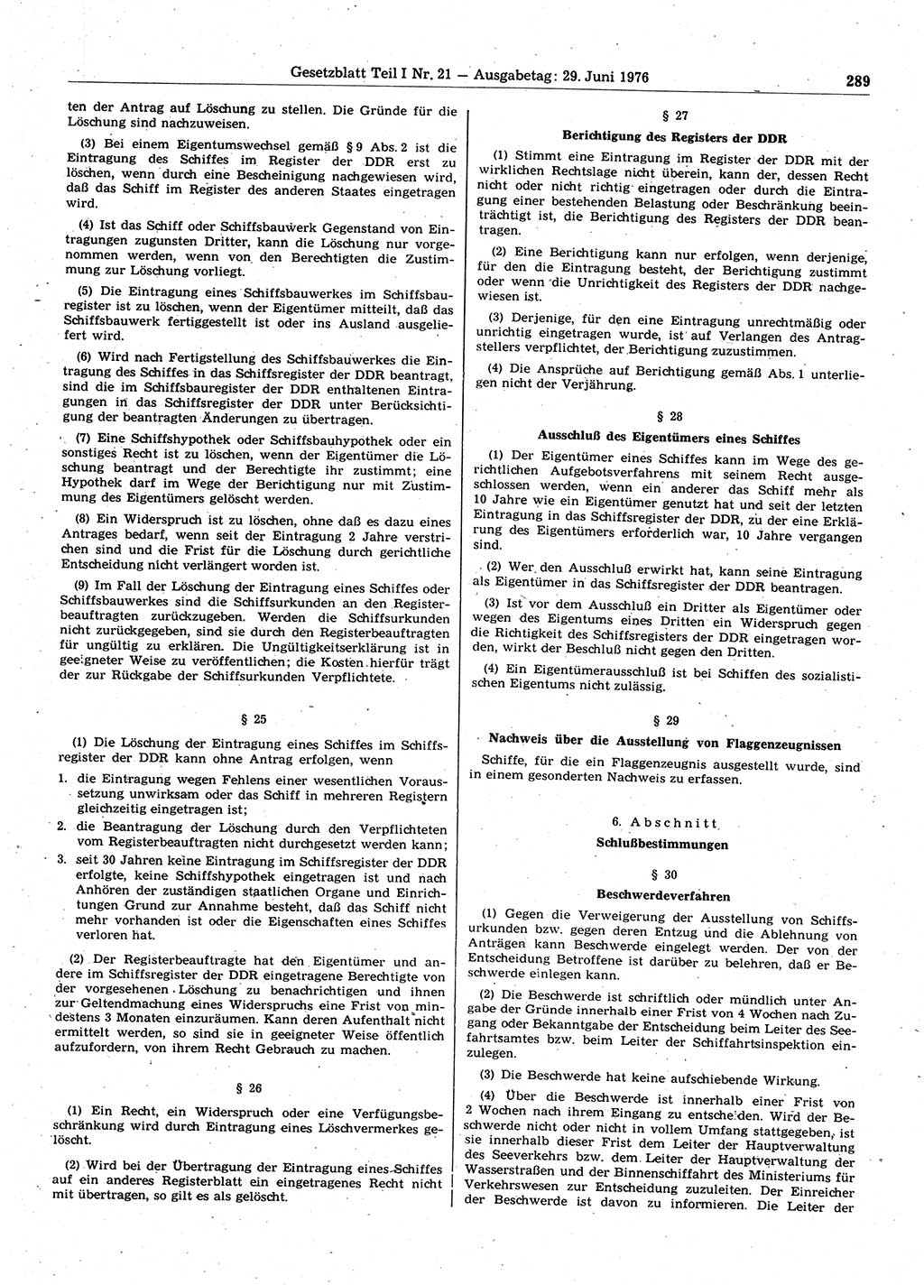 Gesetzblatt (GBl.) der Deutschen Demokratischen Republik (DDR) Teil Ⅰ 1976, Seite 289 (GBl. DDR Ⅰ 1976, S. 289)