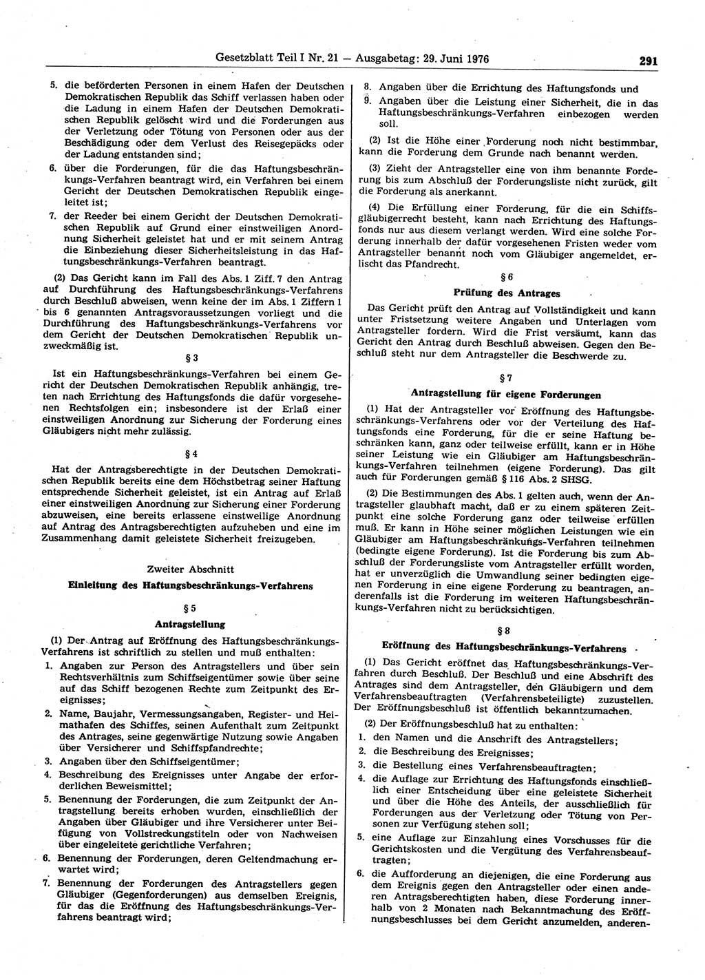 Gesetzblatt (GBl.) der Deutschen Demokratischen Republik (DDR) Teil Ⅰ 1976, Seite 291 (GBl. DDR Ⅰ 1976, S. 291)