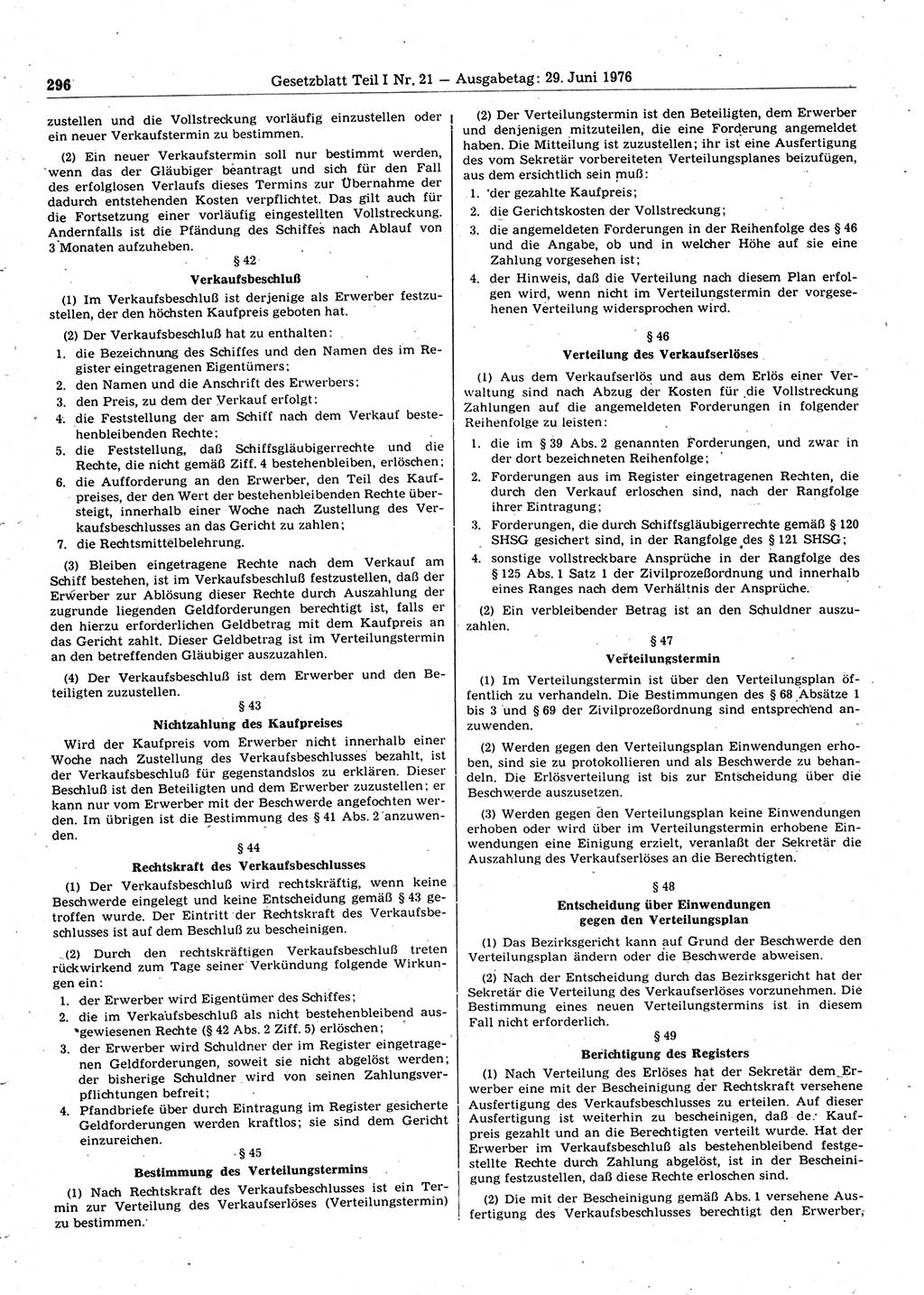 Gesetzblatt (GBl.) der Deutschen Demokratischen Republik (DDR) Teil Ⅰ 1976, Seite 296 (GBl. DDR Ⅰ 1976, S. 296)