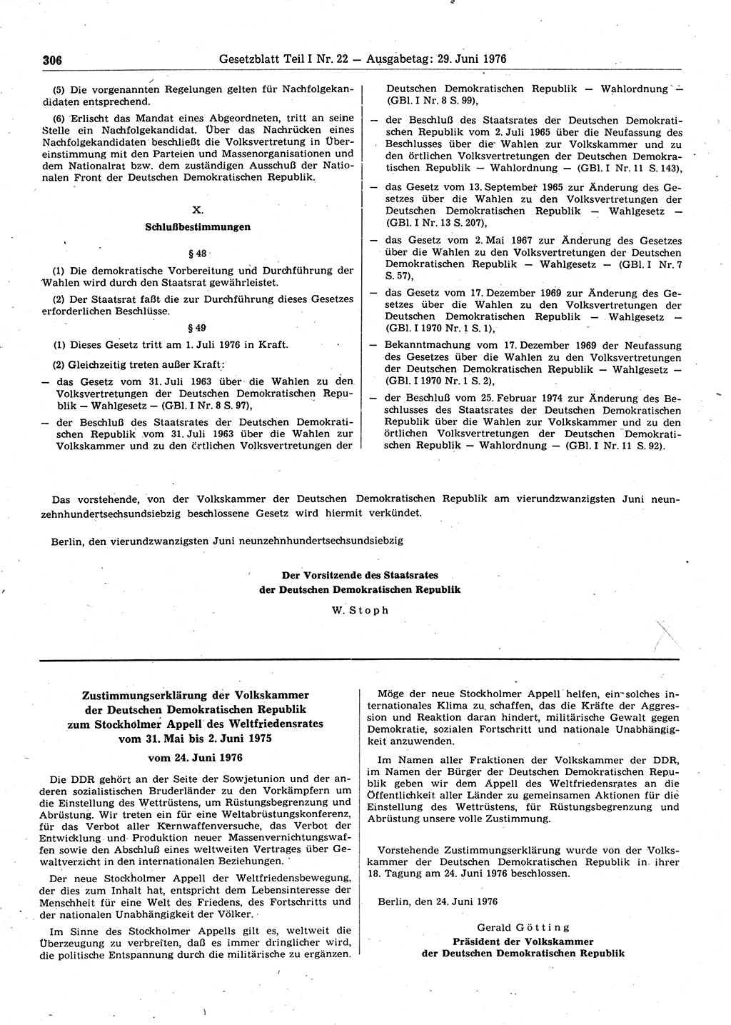 Gesetzblatt (GBl.) der Deutschen Demokratischen Republik (DDR) Teil Ⅰ 1976, Seite 306 (GBl. DDR Ⅰ 1976, S. 306)