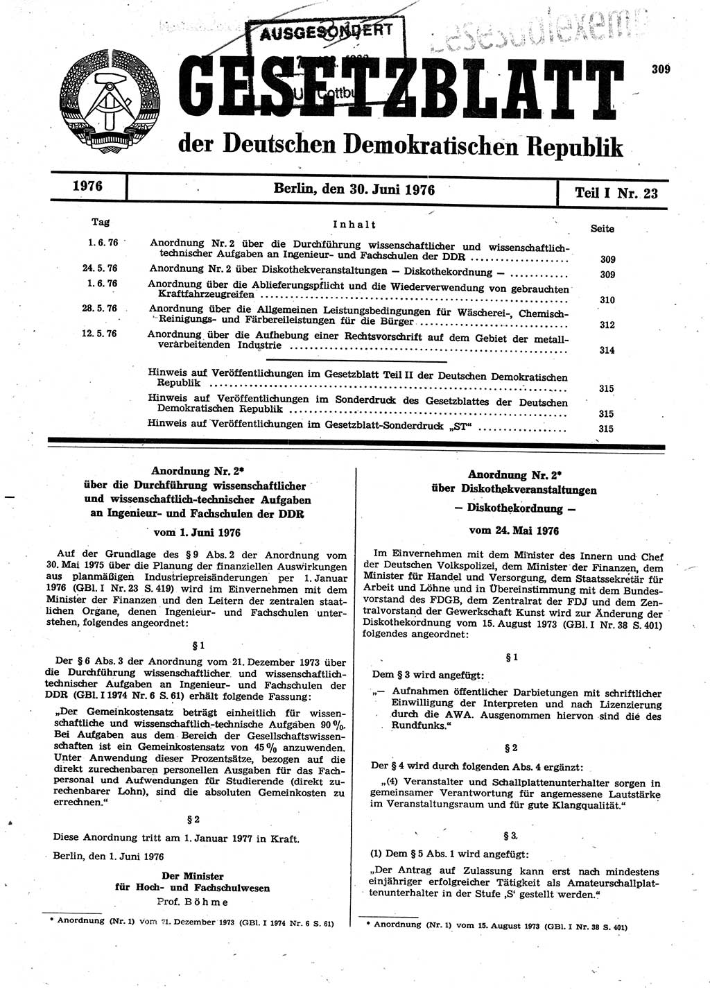 Gesetzblatt (GBl.) der Deutschen Demokratischen Republik (DDR) Teil Ⅰ 1976, Seite 309 (GBl. DDR Ⅰ 1976, S. 309)