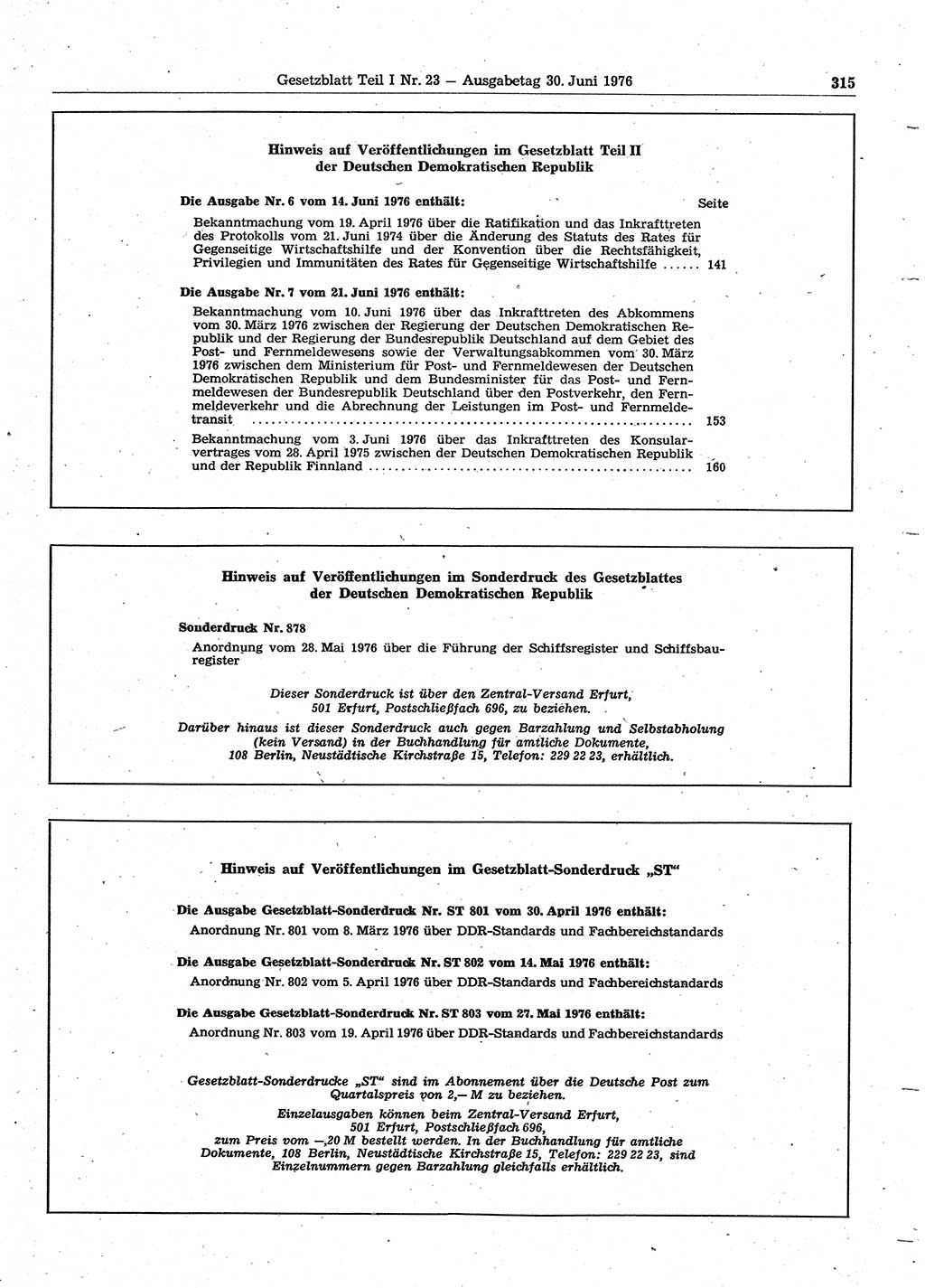 Gesetzblatt (GBl.) der Deutschen Demokratischen Republik (DDR) Teil Ⅰ 1976, Seite 315 (GBl. DDR Ⅰ 1976, S. 315)