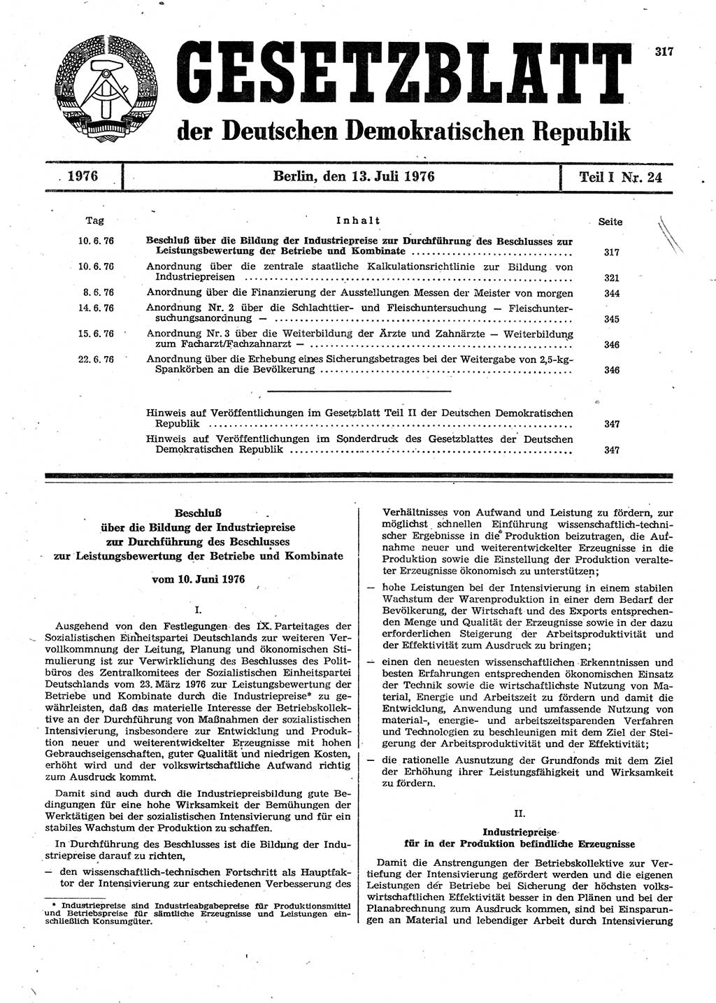 Gesetzblatt (GBl.) der Deutschen Demokratischen Republik (DDR) Teil Ⅰ 1976, Seite 317 (GBl. DDR Ⅰ 1976, S. 317)