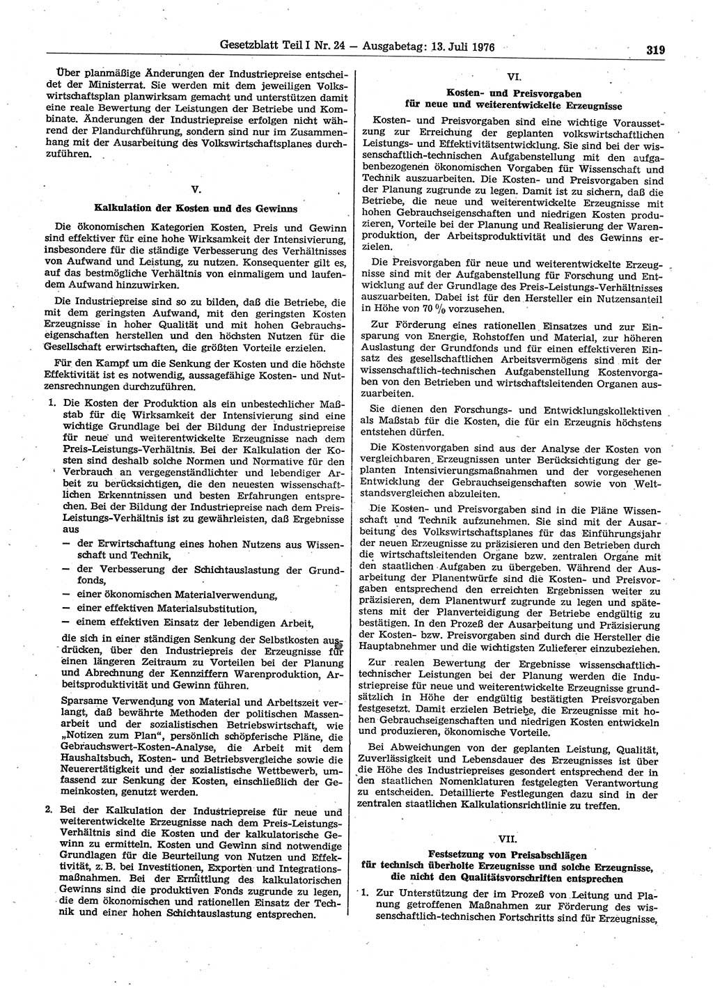 Gesetzblatt (GBl.) der Deutschen Demokratischen Republik (DDR) Teil Ⅰ 1976, Seite 319 (GBl. DDR Ⅰ 1976, S. 319)