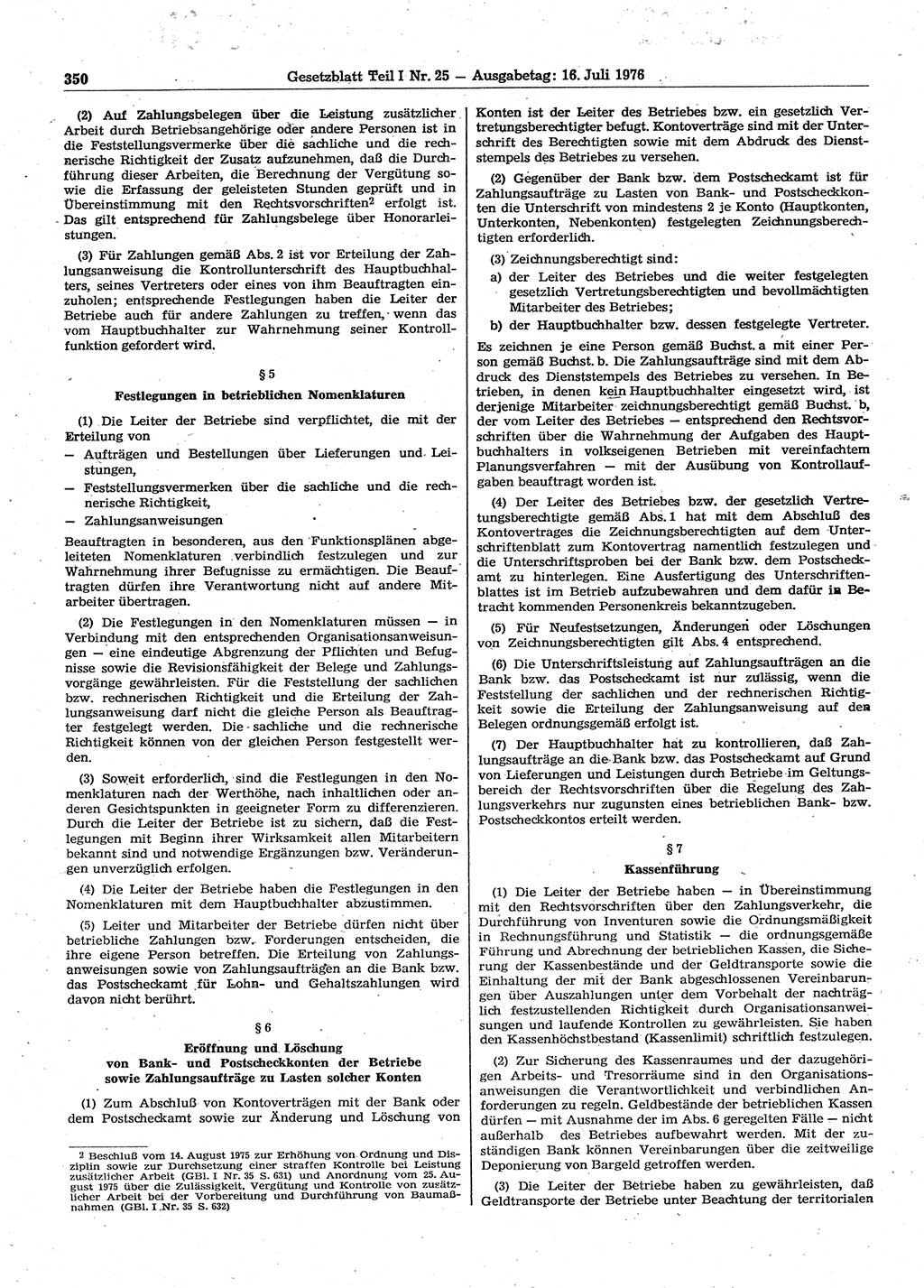 Gesetzblatt (GBl.) der Deutschen Demokratischen Republik (DDR) Teil Ⅰ 1976, Seite 350 (GBl. DDR Ⅰ 1976, S. 350)