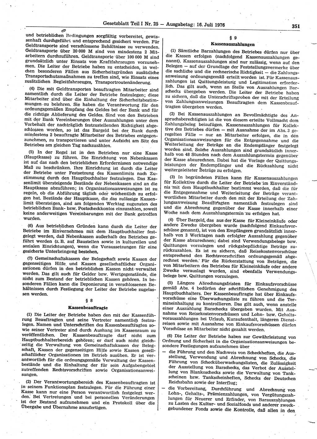 Gesetzblatt (GBl.) der Deutschen Demokratischen Republik (DDR) Teil Ⅰ 1976, Seite 351 (GBl. DDR Ⅰ 1976, S. 351)