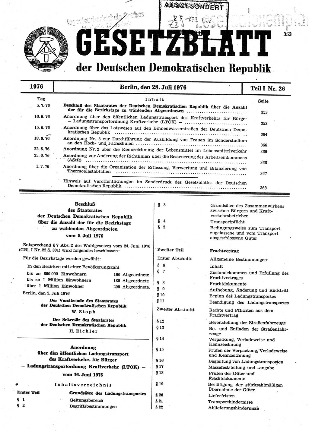 Gesetzblatt (GBl.) der Deutschen Demokratischen Republik (DDR) Teil Ⅰ 1976, Seite 353 (GBl. DDR Ⅰ 1976, S. 353)