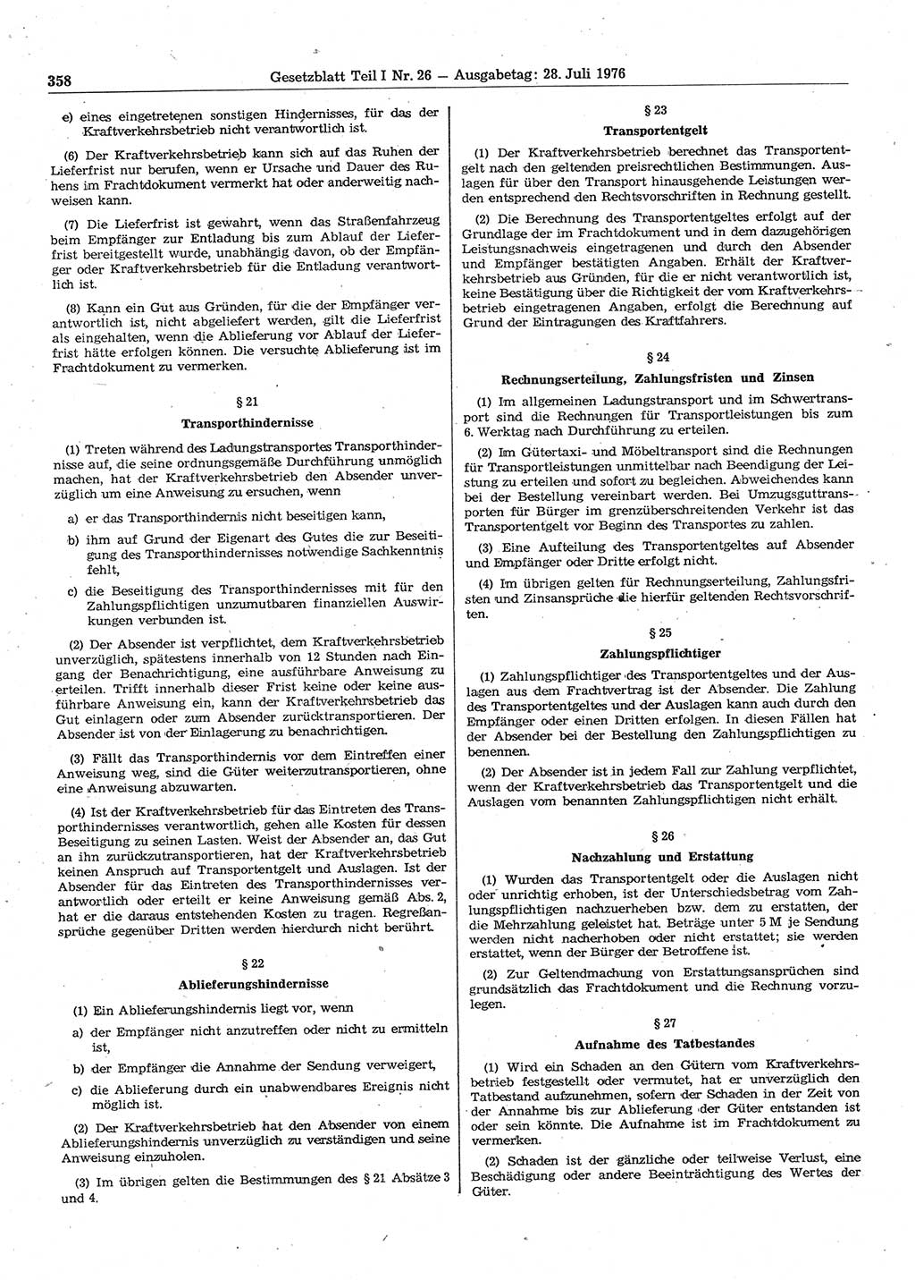 Gesetzblatt (GBl.) der Deutschen Demokratischen Republik (DDR) Teil Ⅰ 1976, Seite 358 (GBl. DDR Ⅰ 1976, S. 358)