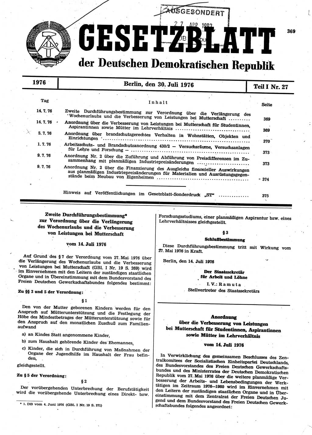 Gesetzblatt (GBl.) der Deutschen Demokratischen Republik (DDR) Teil Ⅰ 1976, Seite 369 (GBl. DDR Ⅰ 1976, S. 369)