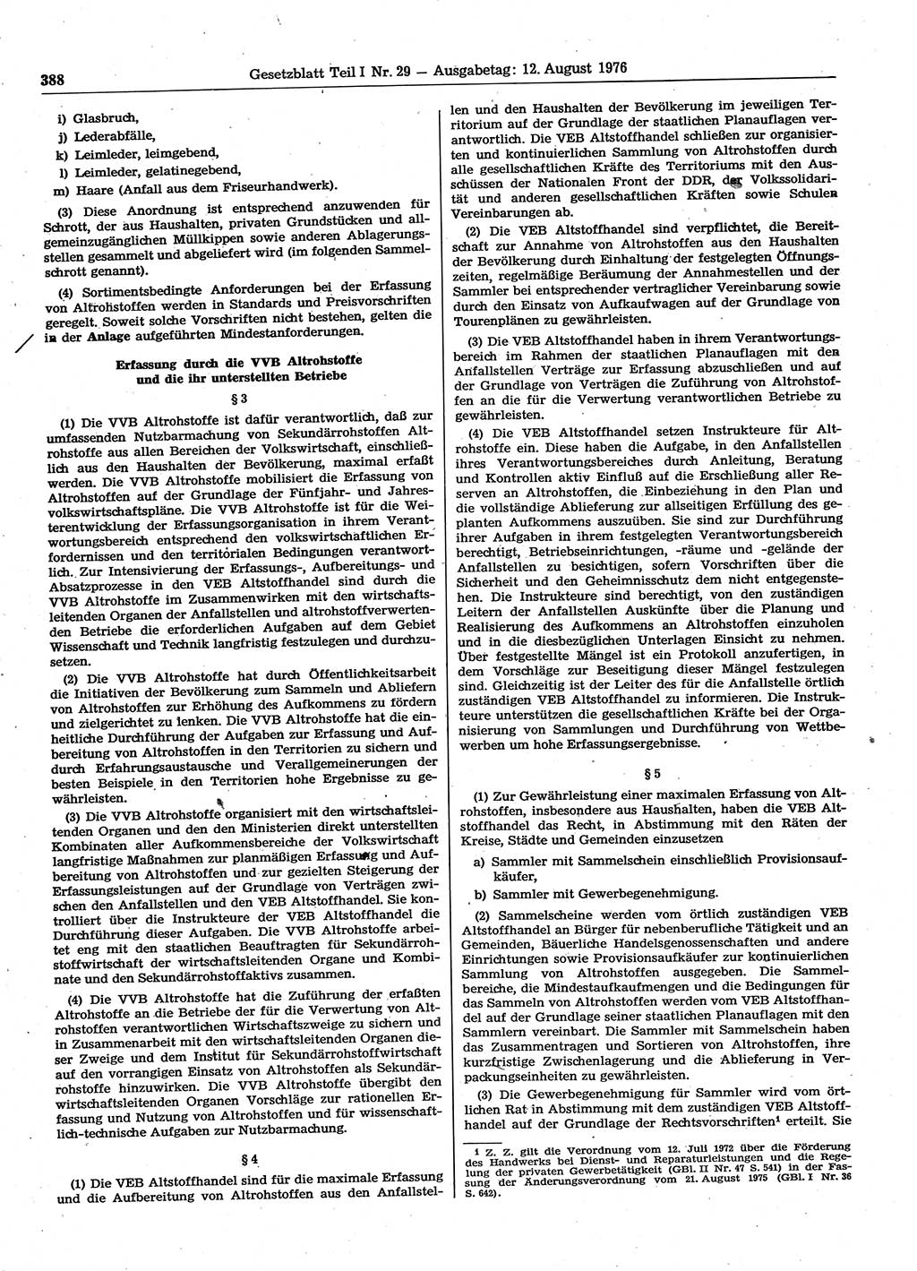 Gesetzblatt (GBl.) der Deutschen Demokratischen Republik (DDR) Teil Ⅰ 1976, Seite 388 (GBl. DDR Ⅰ 1976, S. 388)