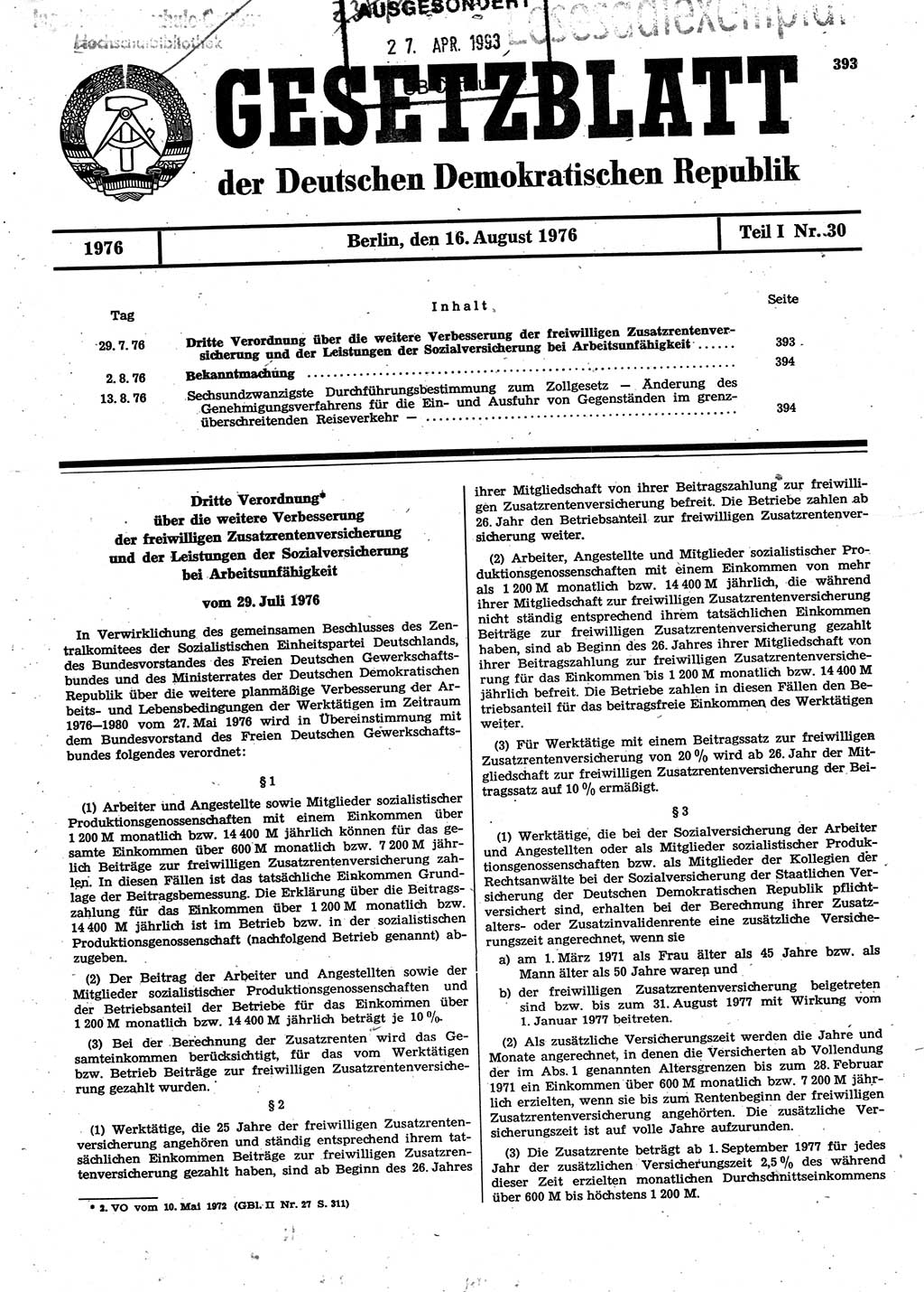 Gesetzblatt (GBl.) der Deutschen Demokratischen Republik (DDR) Teil Ⅰ 1976, Seite 393 (GBl. DDR Ⅰ 1976, S. 393)