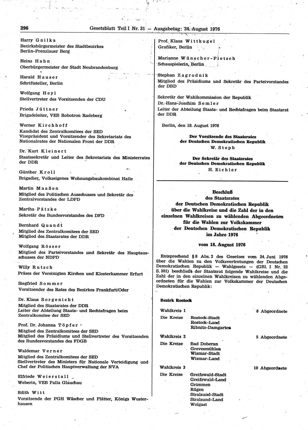 Gesetzblatt (GBl.) der Deutschen Demokratischen Republik (DDR) Teil Ⅰ 1976, Seite 396 (GBl. DDR Ⅰ 1976, S. 396)