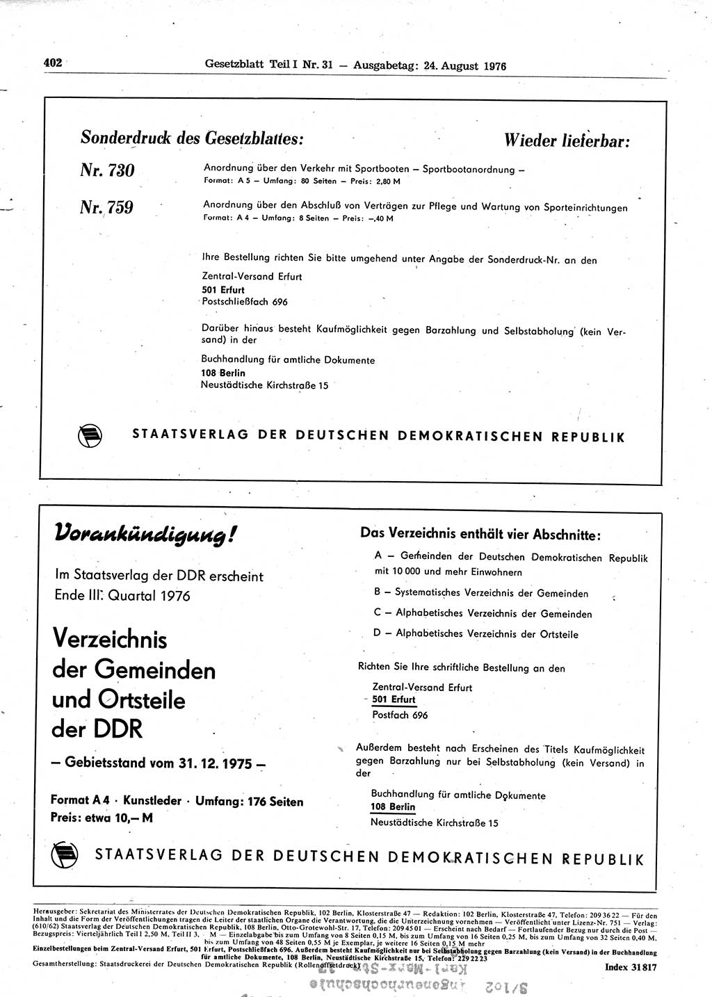 Gesetzblatt (GBl.) der Deutschen Demokratischen Republik (DDR) Teil Ⅰ 1976, Seite 402 (GBl. DDR Ⅰ 1976, S. 402)