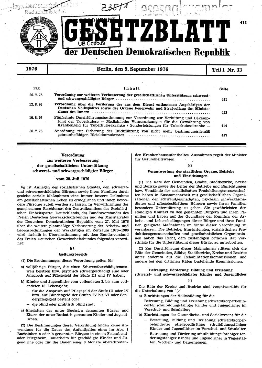 Gesetzblatt (GBl.) der Deutschen Demokratischen Republik (DDR) Teil Ⅰ 1976, Seite 411 (GBl. DDR Ⅰ 1976, S. 411)