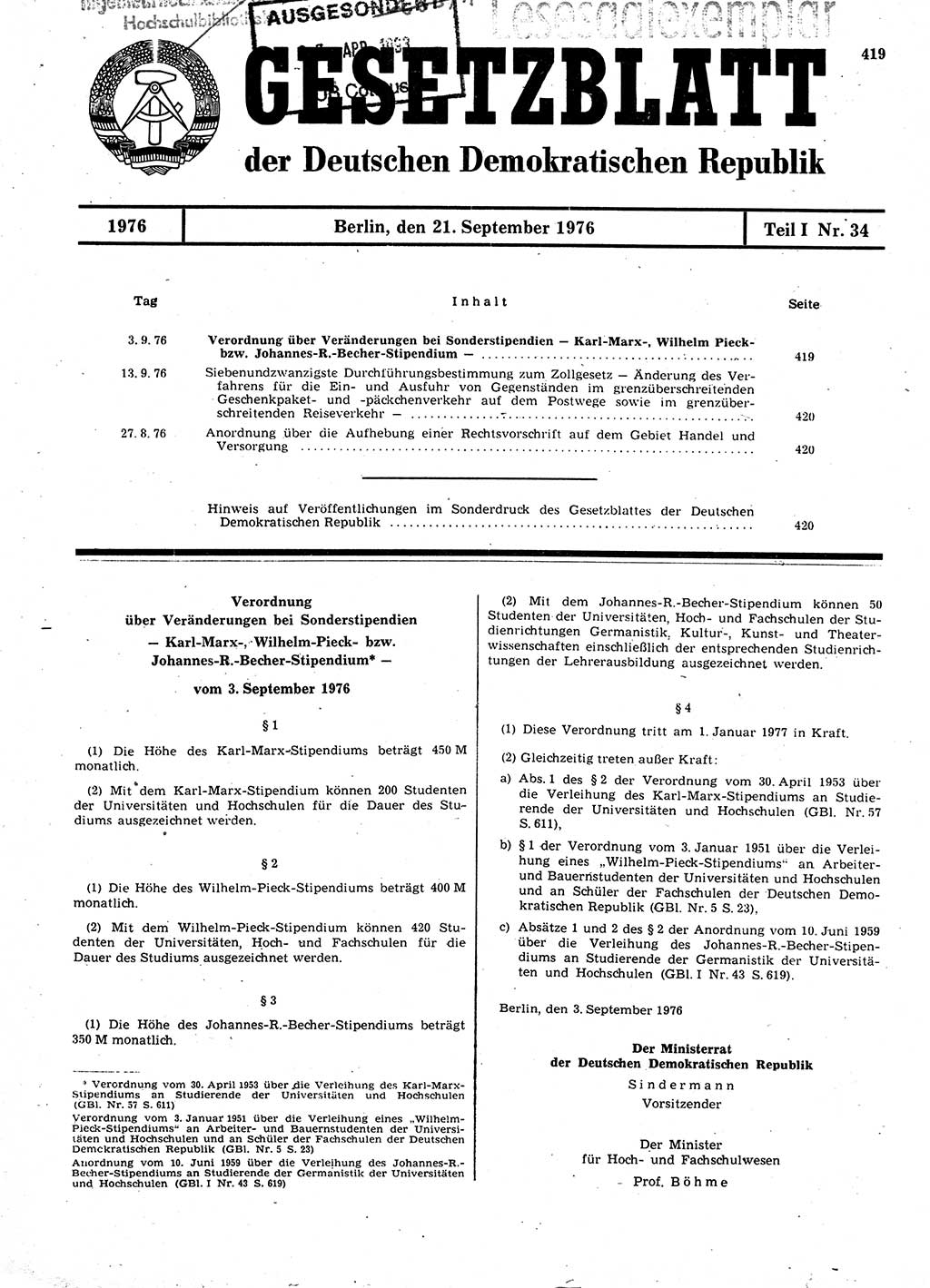 Gesetzblatt (GBl.) der Deutschen Demokratischen Republik (DDR) Teil Ⅰ 1976, Seite 419 (GBl. DDR Ⅰ 1976, S. 419)