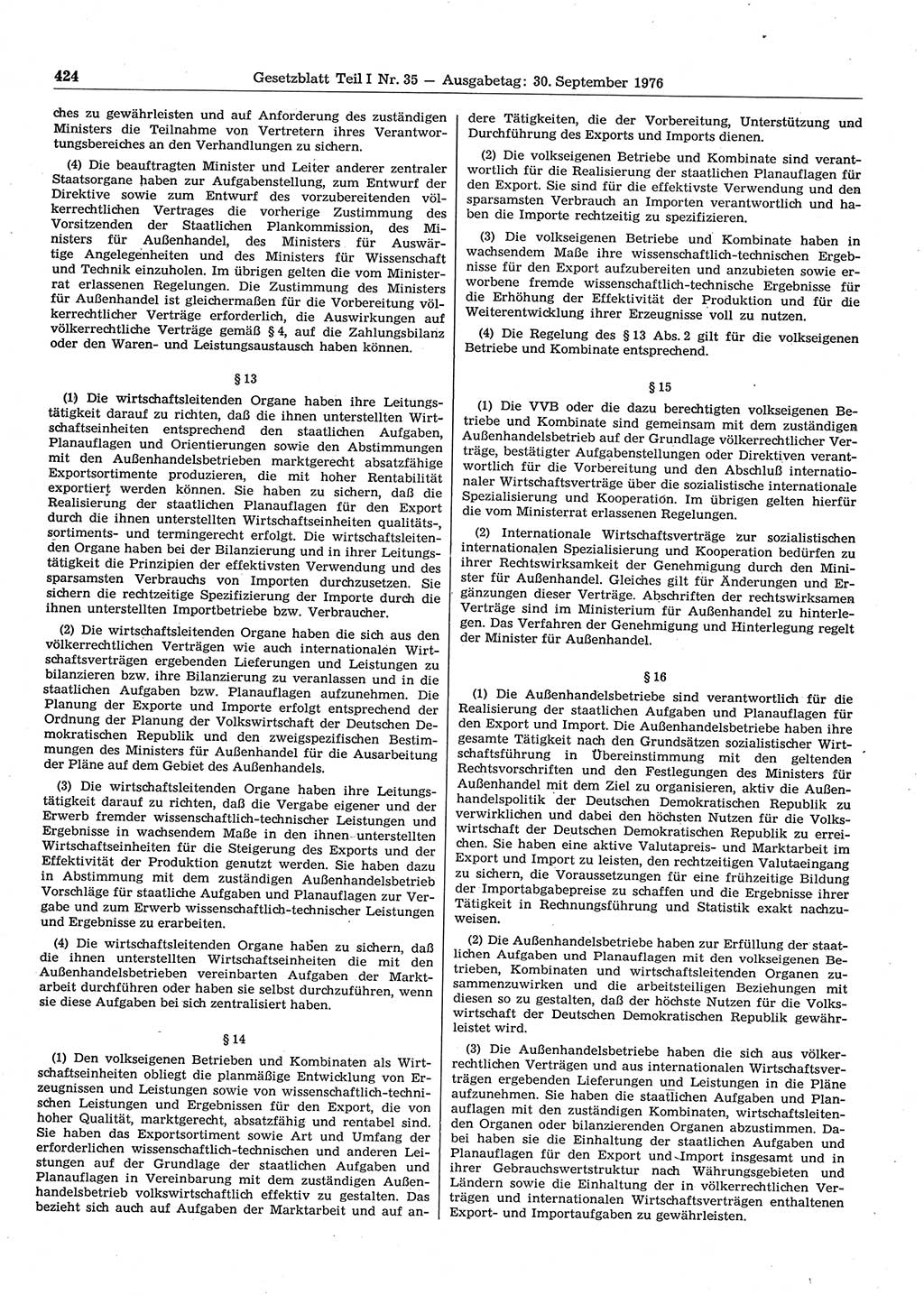 Gesetzblatt (GBl.) der Deutschen Demokratischen Republik (DDR) Teil Ⅰ 1976, Seite 424 (GBl. DDR Ⅰ 1976, S. 424)