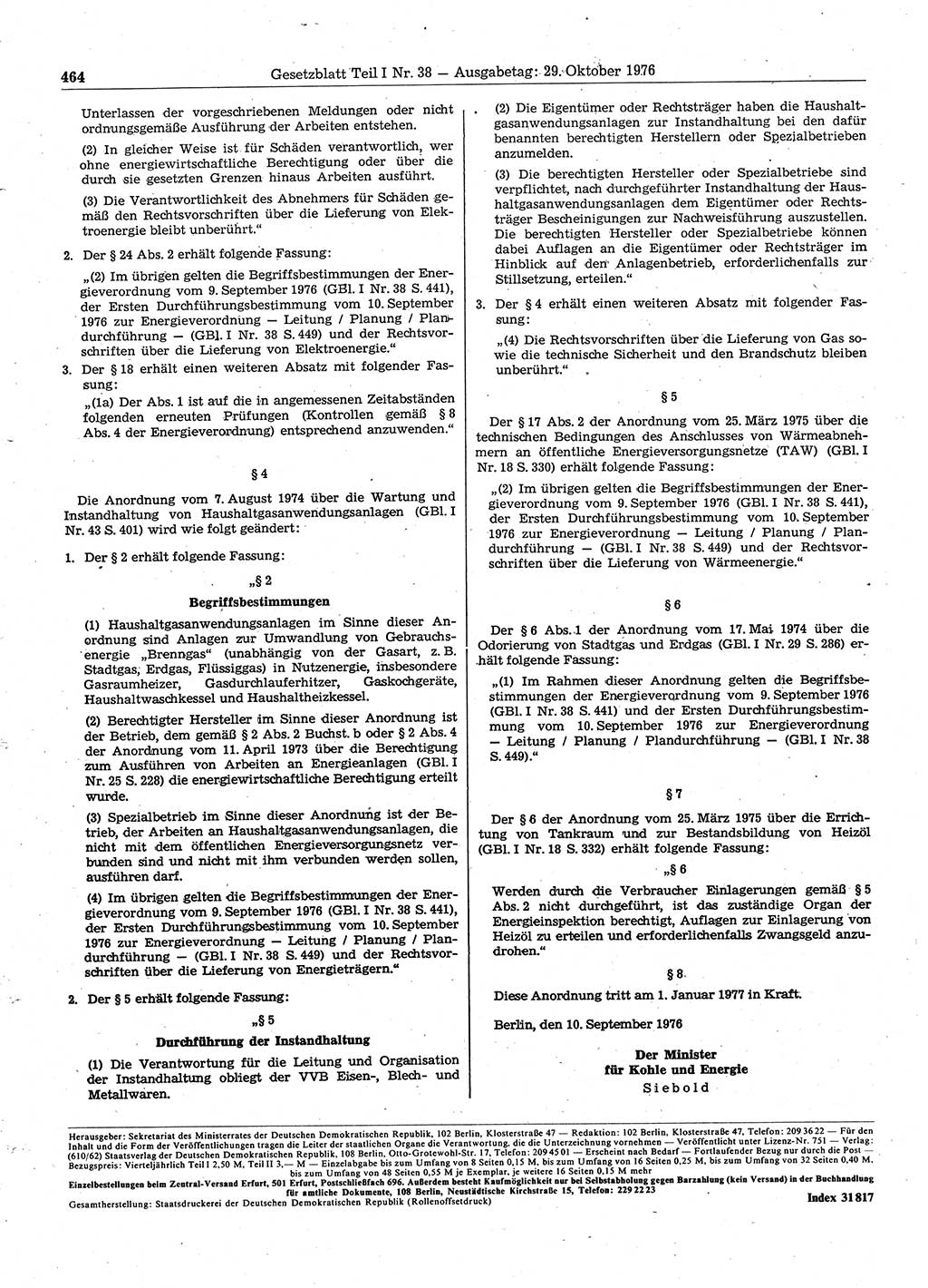 Gesetzblatt (GBl.) der Deutschen Demokratischen Republik (DDR) Teil Ⅰ 1976, Seite 464 (GBl. DDR Ⅰ 1976, S. 464)