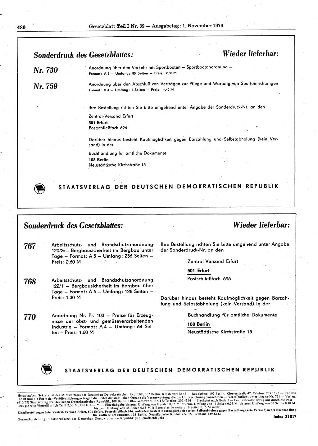 Gesetzblatt (GBl.) der Deutschen Demokratischen Republik (DDR) Teil Ⅰ 1976, Seite 480 (GBl. DDR Ⅰ 1976, S. 480)