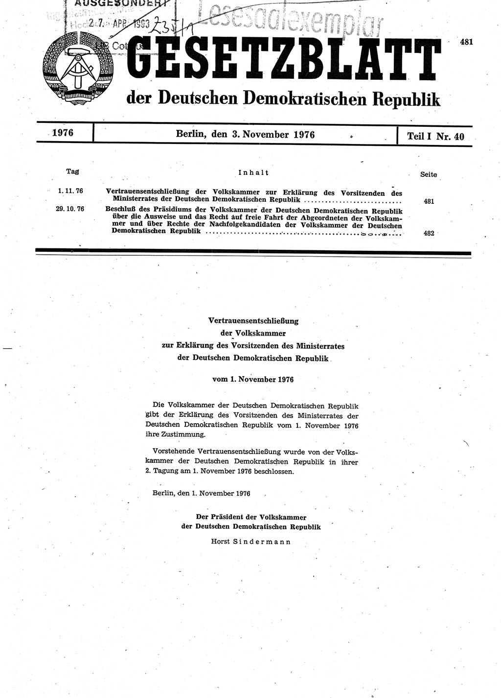 Gesetzblatt (GBl.) der Deutschen Demokratischen Republik (DDR) Teil Ⅰ 1976, Seite 481 (GBl. DDR Ⅰ 1976, S. 481)