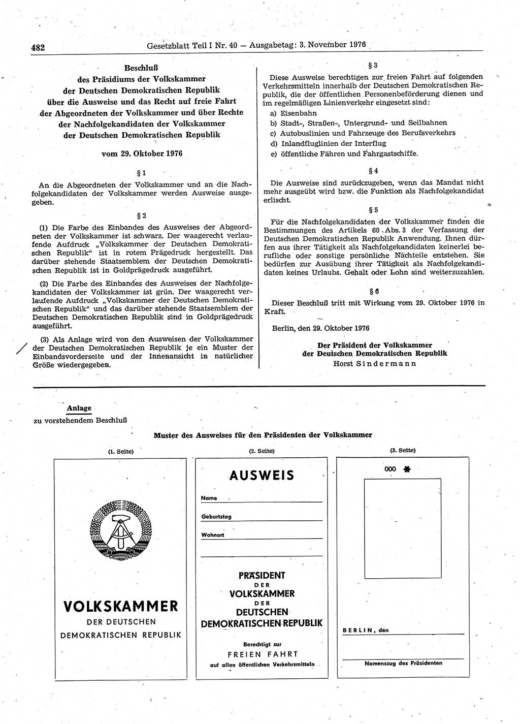 Gesetzblatt (GBl.) der Deutschen Demokratischen Republik (DDR) Teil Ⅰ 1976, Seite 482 (GBl. DDR Ⅰ 1976, S. 482)