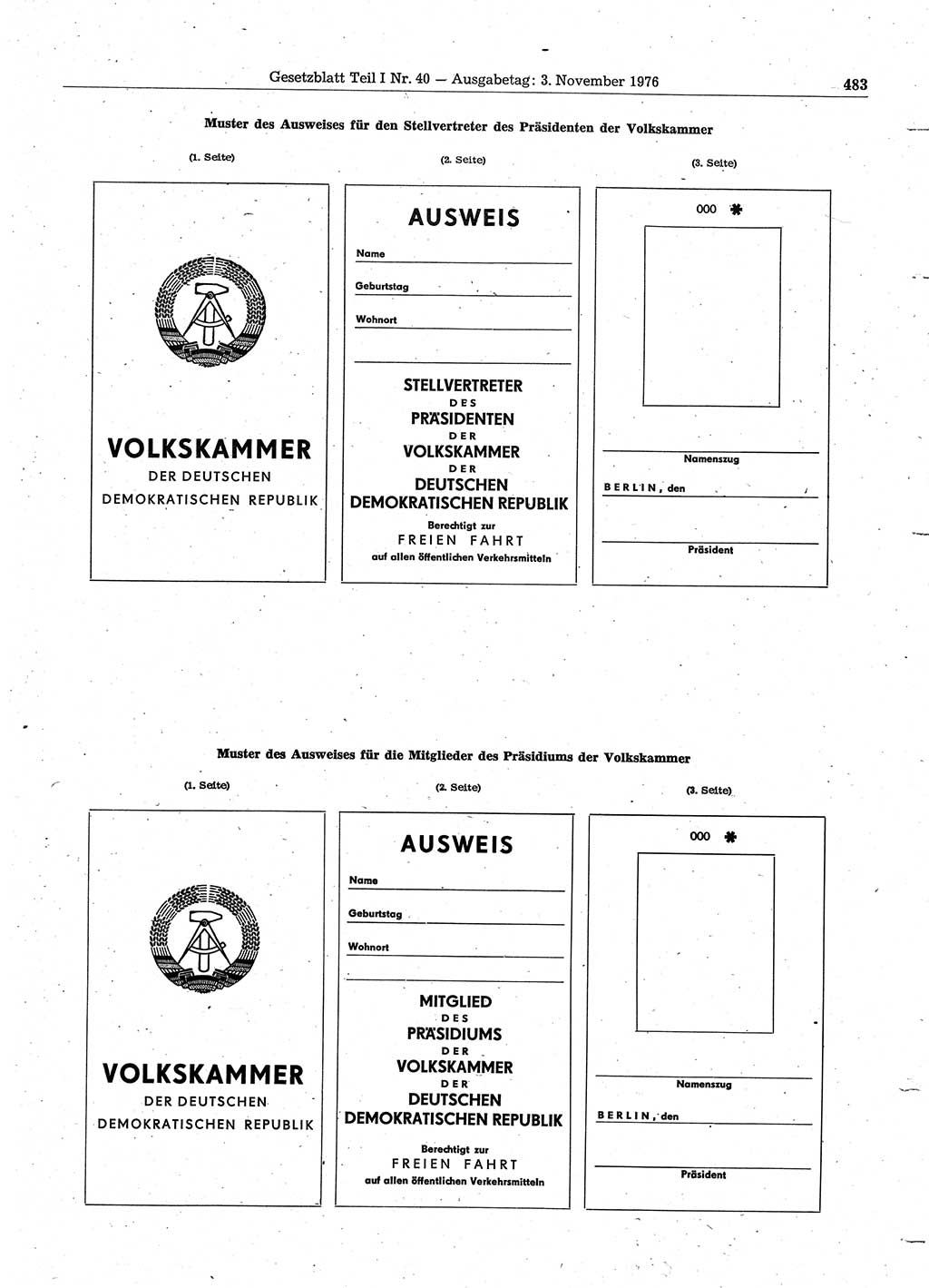 Gesetzblatt (GBl.) der Deutschen Demokratischen Republik (DDR) Teil Ⅰ 1976, Seite 483 (GBl. DDR Ⅰ 1976, S. 483)