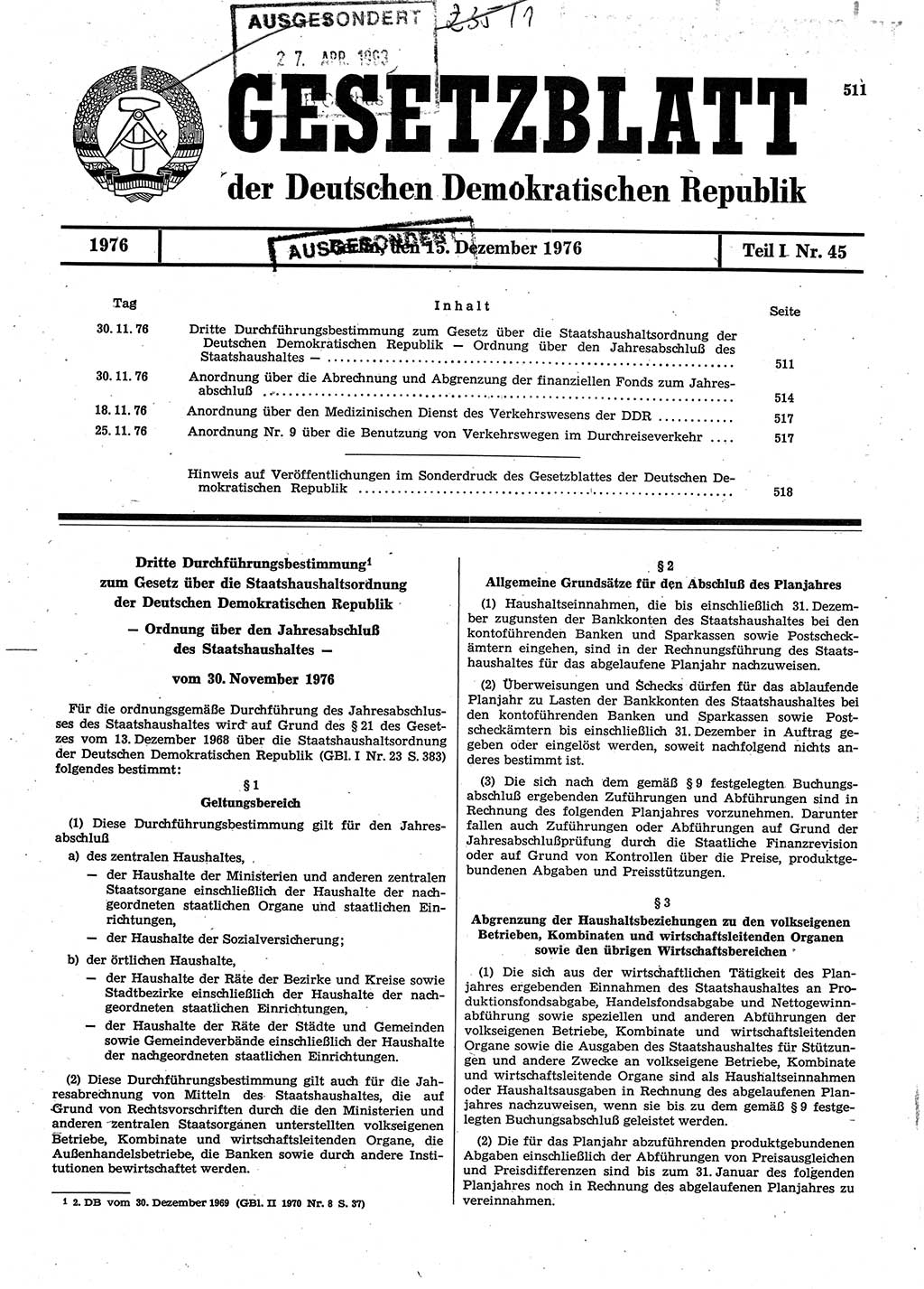 Gesetzblatt (GBl.) der Deutschen Demokratischen Republik (DDR) Teil Ⅰ 1976, Seite 511 (GBl. DDR Ⅰ 1976, S. 511)