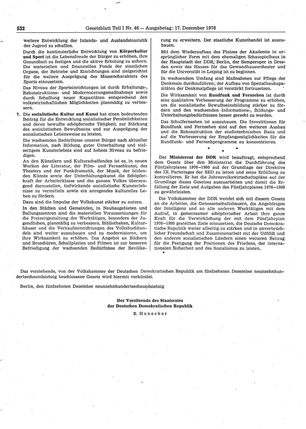 Gesetzblatt (GBl.) der Deutschen Demokratischen Republik (DDR) Teil Ⅰ 1976, Seite 532 (GBl. DDR Ⅰ 1976, S. 532)