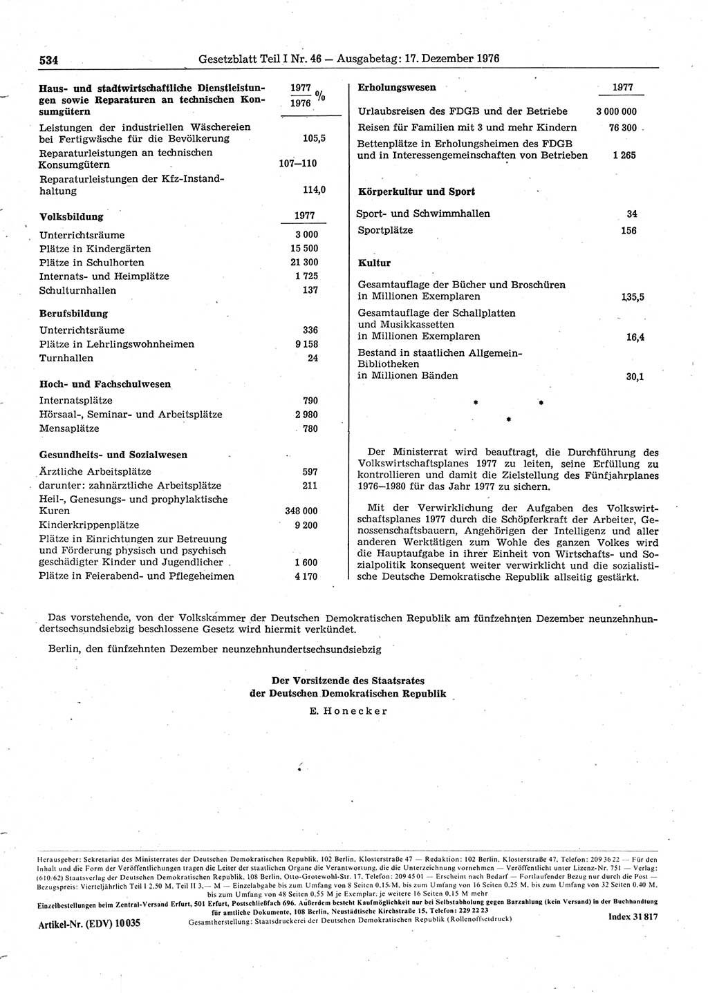 Gesetzblatt (GBl.) der Deutschen Demokratischen Republik (DDR) Teil Ⅰ 1976, Seite 534 (GBl. DDR Ⅰ 1976, S. 534)