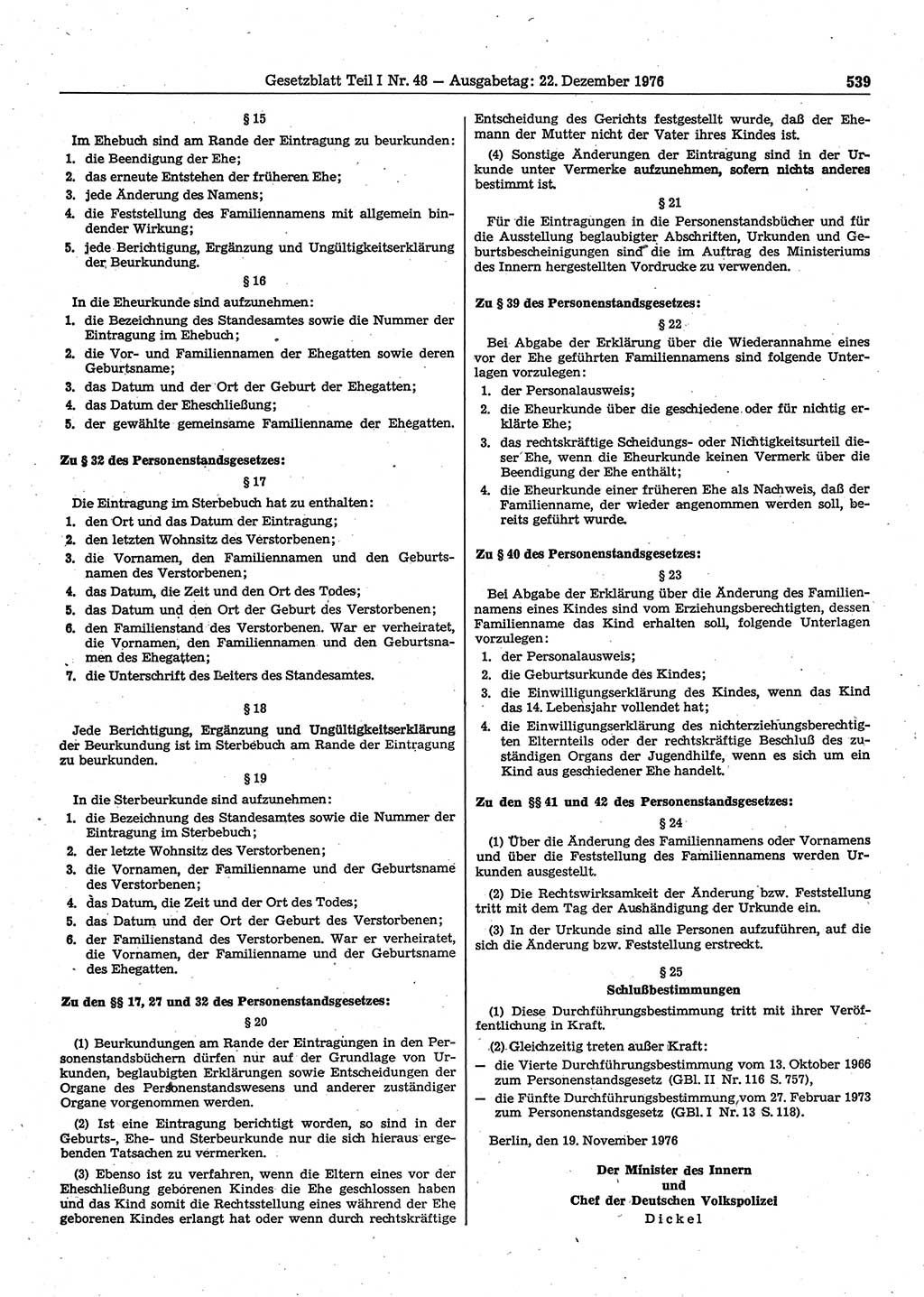 Gesetzblatt (GBl.) der Deutschen Demokratischen Republik (DDR) Teil Ⅰ 1976, Seite 539 (GBl. DDR Ⅰ 1976, S. 539)
