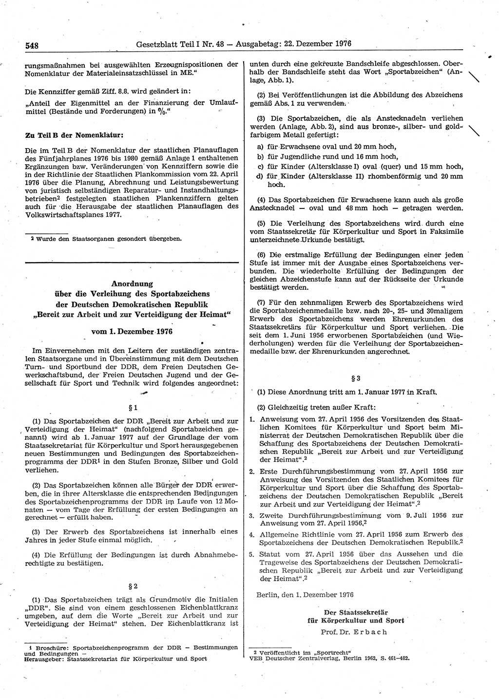 Gesetzblatt (GBl.) der Deutschen Demokratischen Republik (DDR) Teil Ⅰ 1976, Seite 548 (GBl. DDR Ⅰ 1976, S. 548)