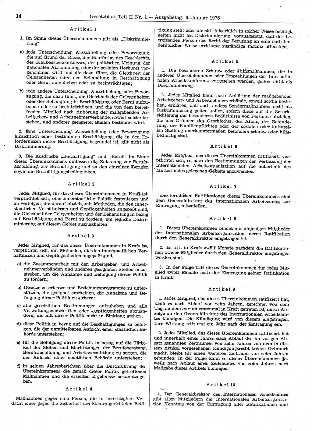Gesetzblatt (GBl.) der Deutschen Demokratischen Republik (DDR) Teil ⅠⅠ 1976, Seite 14 (GBl. DDR ⅠⅠ 1976, S. 14)