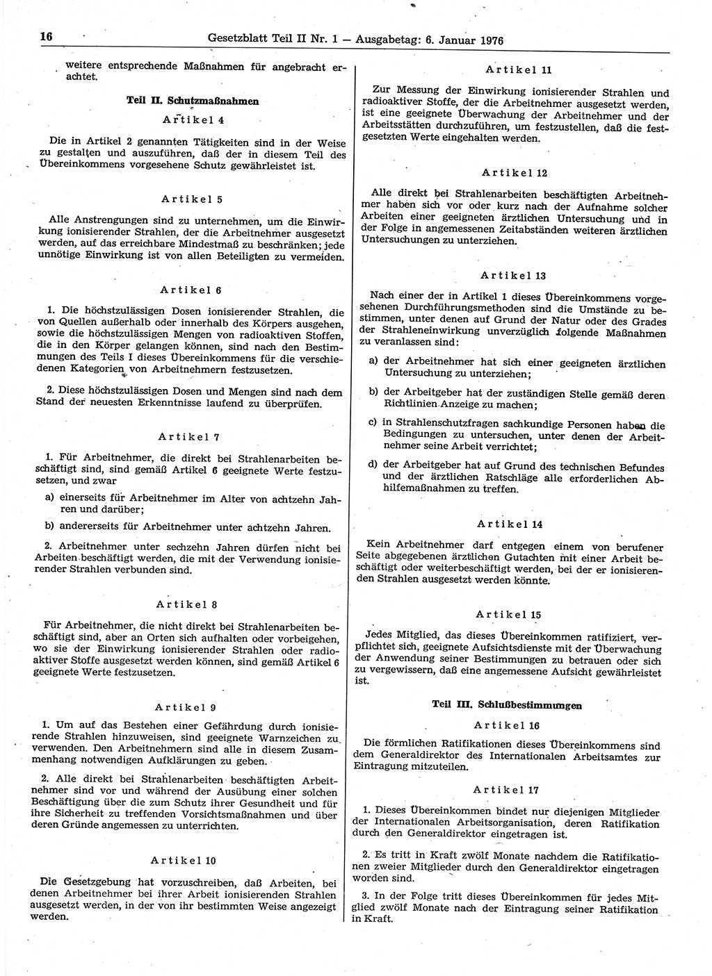 Gesetzblatt (GBl.) der Deutschen Demokratischen Republik (DDR) Teil ⅠⅠ 1976, Seite 16 (GBl. DDR ⅠⅠ 1976, S. 16)