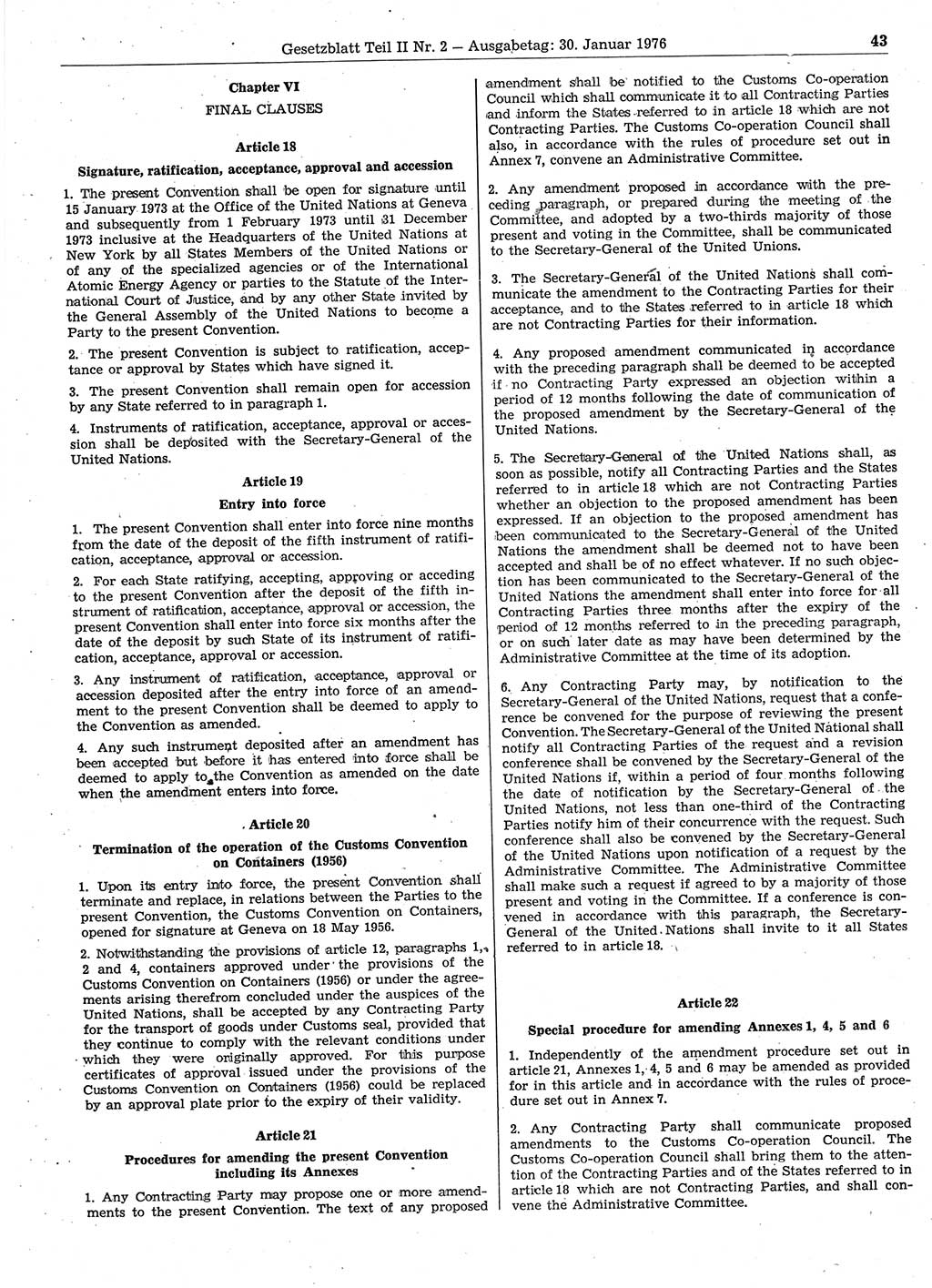 Gesetzblatt (GBl.) der Deutschen Demokratischen Republik (DDR) Teil ⅠⅠ 1976, Seite 43 (GBl. DDR ⅠⅠ 1976, S. 43)