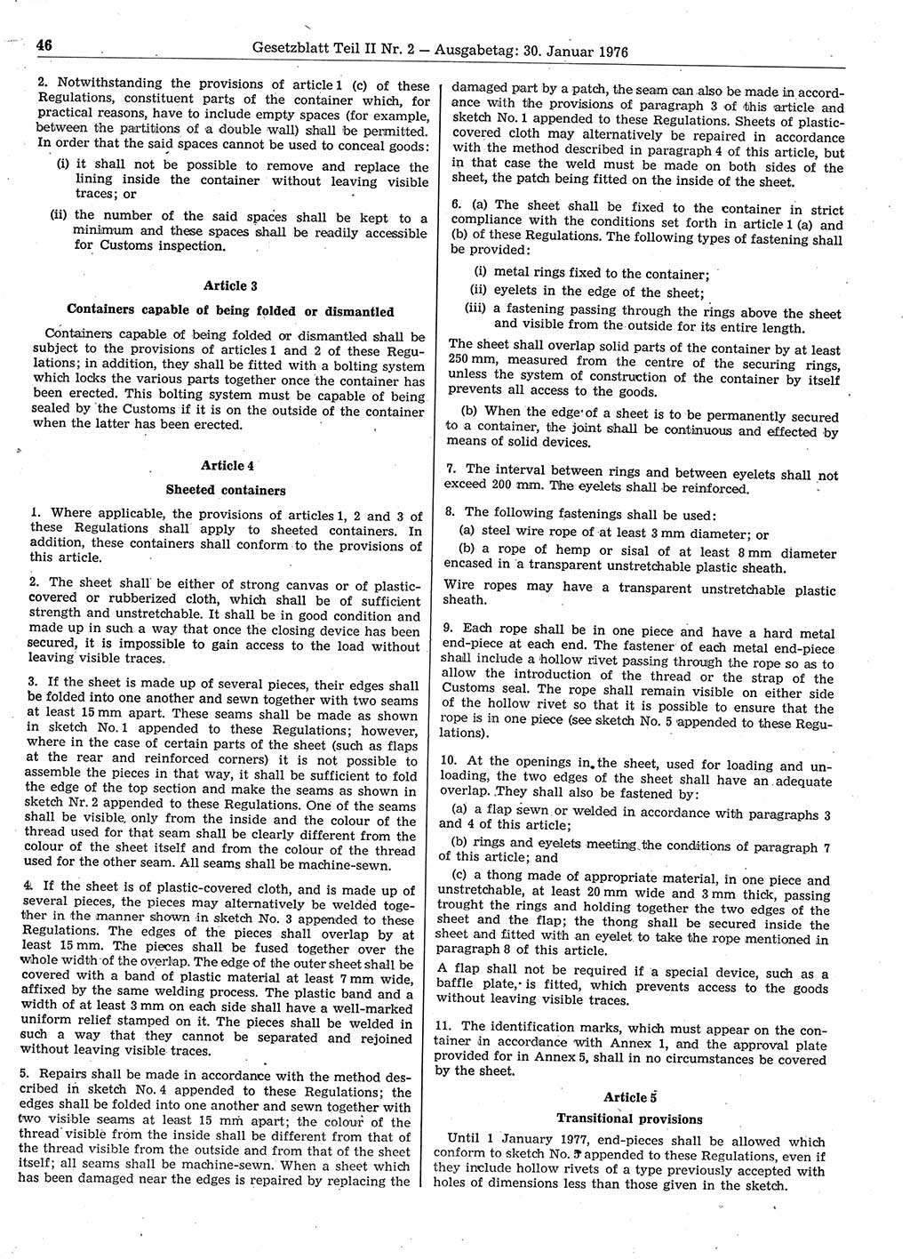 Gesetzblatt (GBl.) der Deutschen Demokratischen Republik (DDR) Teil ⅠⅠ 1976, Seite 46 (GBl. DDR ⅠⅠ 1976, S. 46)