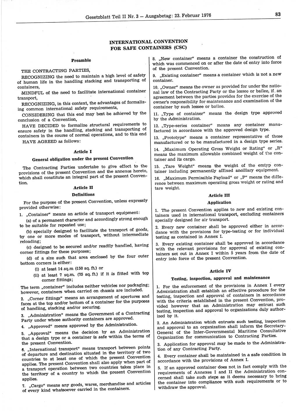 Gesetzblatt (GBl.) der Deutschen Demokratischen Republik (DDR) Teil ⅠⅠ 1976, Seite 83 (GBl. DDR ⅠⅠ 1976, S. 83)