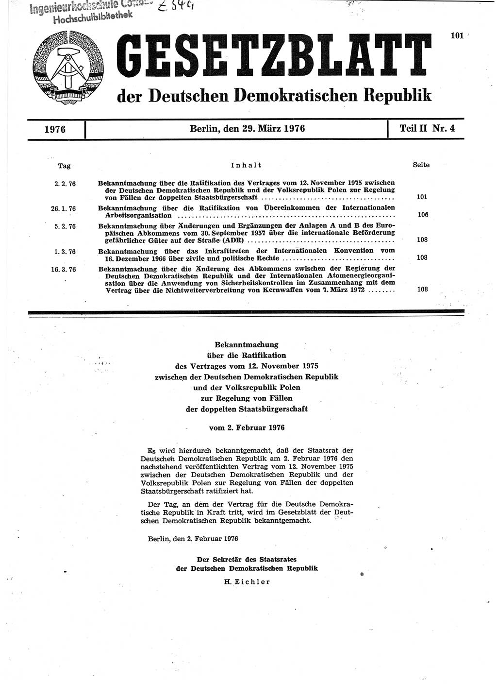 Gesetzblatt (GBl.) der Deutschen Demokratischen Republik (DDR) Teil ⅠⅠ 1976, Seite 101 (GBl. DDR ⅠⅠ 1976, S. 101)