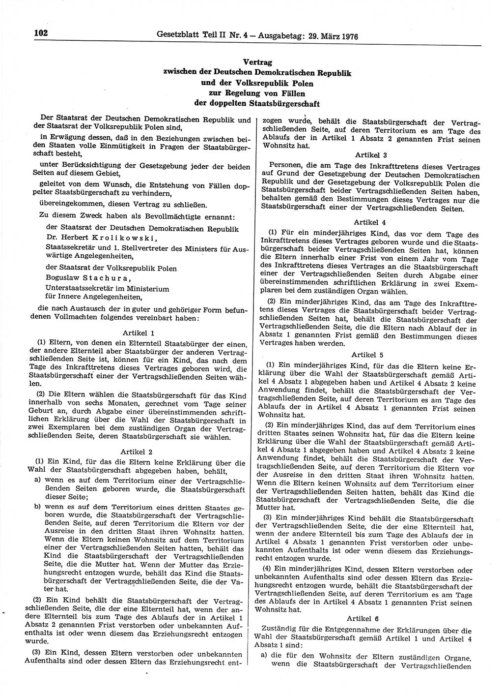 Gesetzblatt (GBl.) der Deutschen Demokratischen Republik (DDR) Teil ⅠⅠ 1976, Seite 102 (GBl. DDR ⅠⅠ 1976, S. 102)