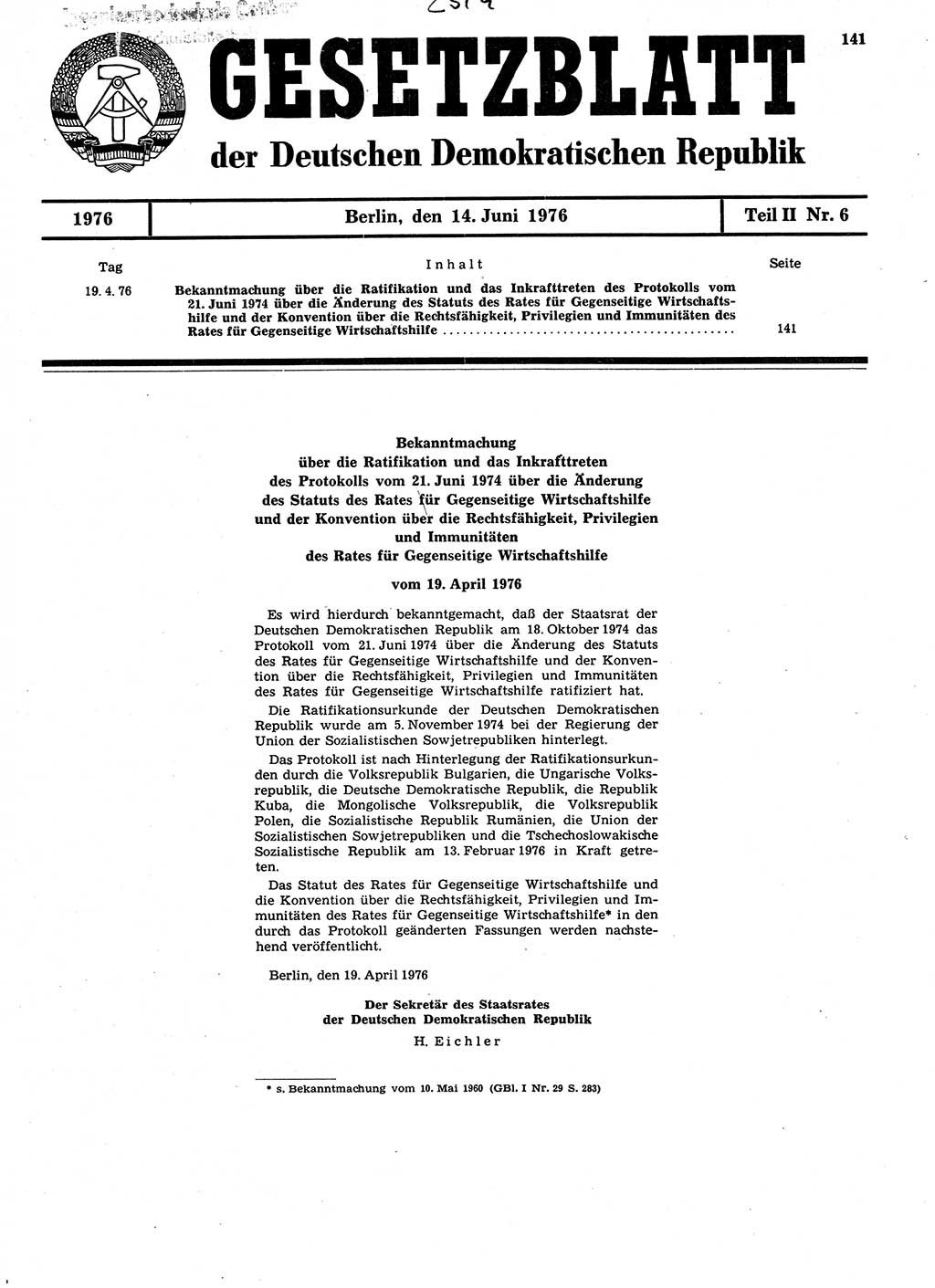 Gesetzblatt (GBl.) der Deutschen Demokratischen Republik (DDR) Teil ⅠⅠ 1976, Seite 141 (GBl. DDR ⅠⅠ 1976, S. 141)