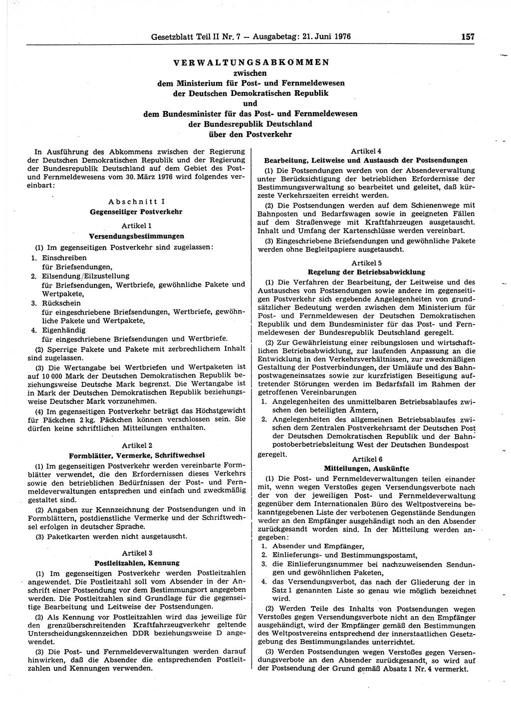 Gesetzblatt (GBl.) der Deutschen Demokratischen Republik (DDR) Teil ⅠⅠ 1976, Seite 157 (GBl. DDR ⅠⅠ 1976, S. 157)